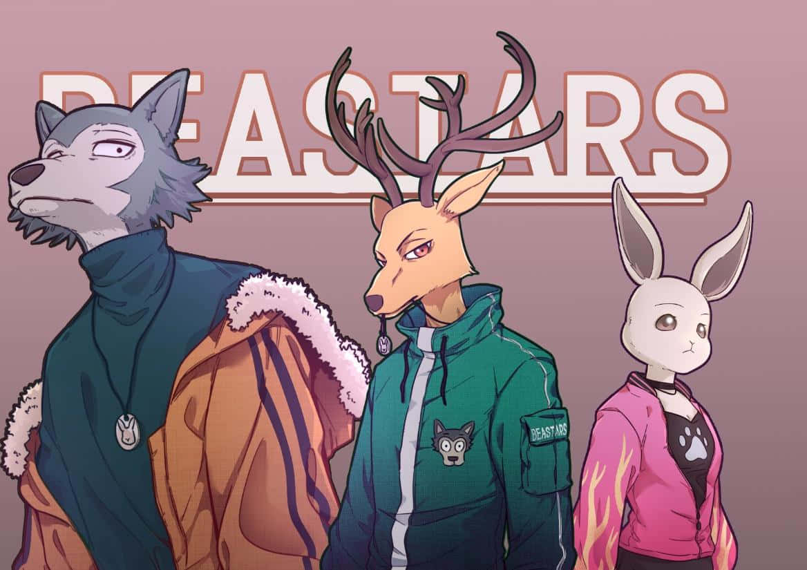 為《Beastars》譜寫未來 壁紙 — 三個來自《Beastars》的擬人化動物角色自信地站在粉紅色背景前，標題顯眼地展示。