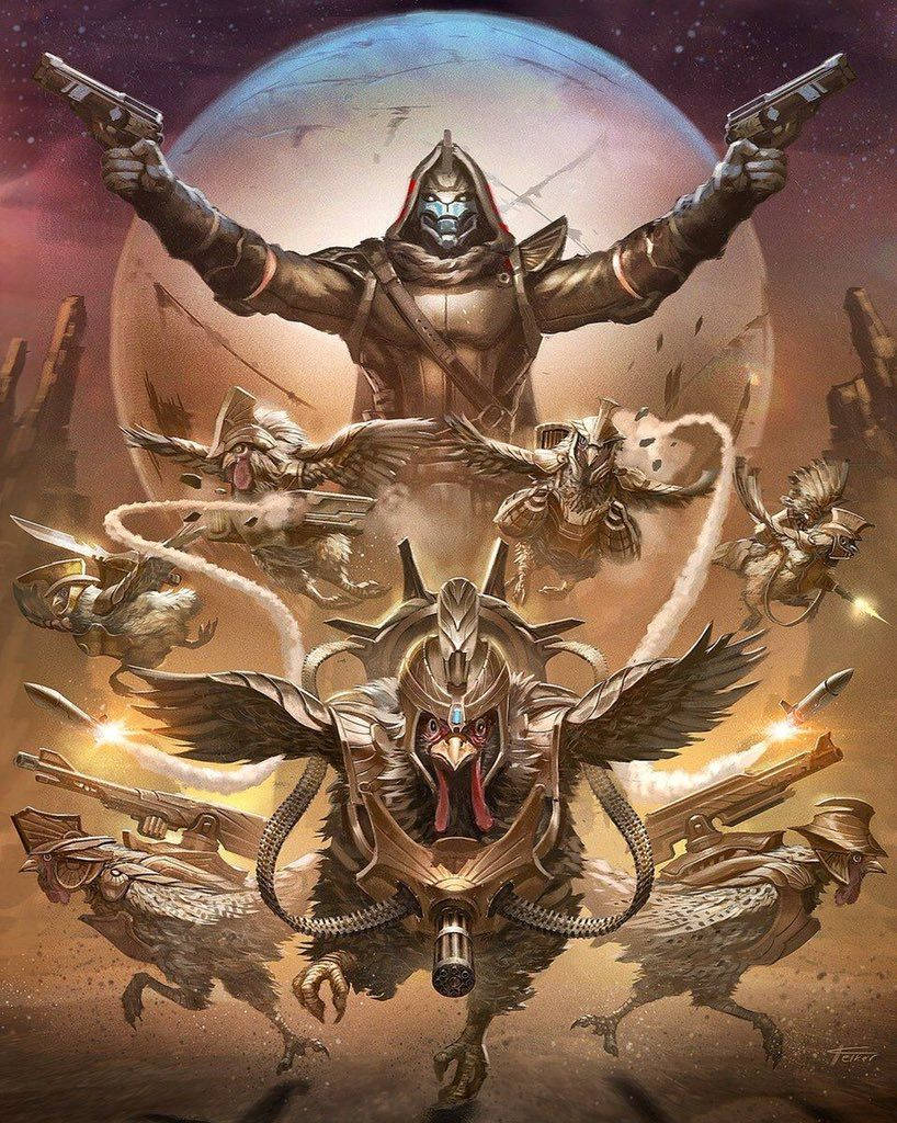 為《Destiny 2：Shadowkeep》擴展內容做好準備！ 壁紙 — 一個戴頭巾的戰士和裝甲雞狀生物持槍在宇宙行星背景下爆炸。