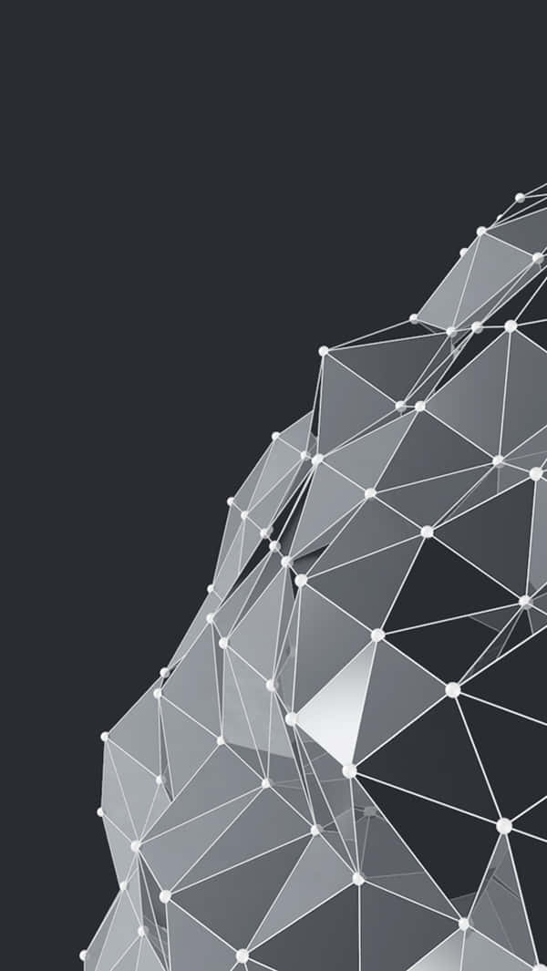 為 iPhone 主畫面加入 16 種幾何圖案 壁紙 — 一個時尚的幾何線框結構，帶有發光節點和三角形面，在深灰色背景上崛起。