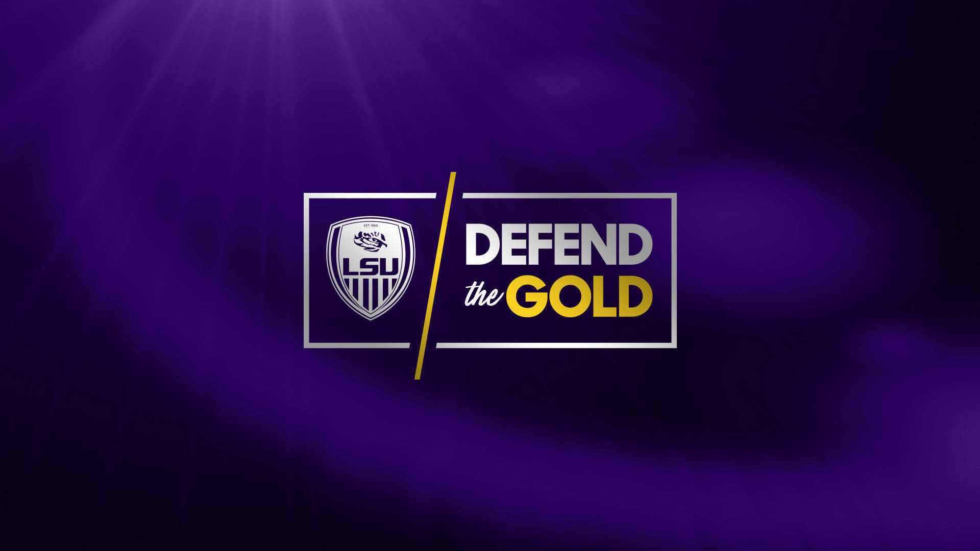 LSU運動標誌，帶有「DEFEND the GOLD」標語，位於帶有光線的紫色背景上。