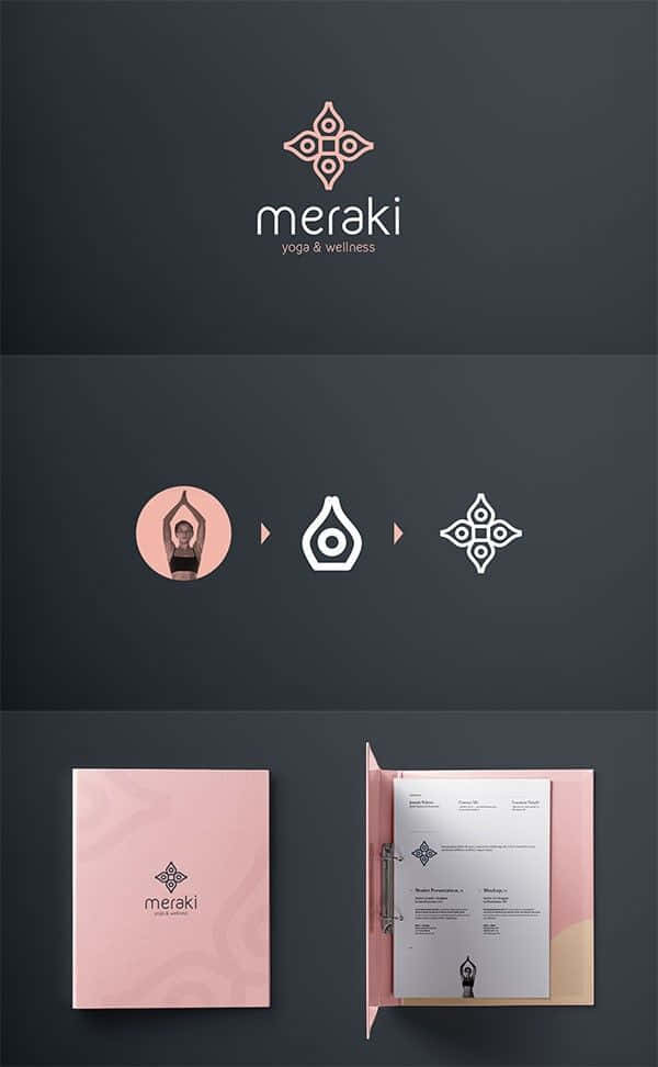 Minimalist Logo 桌布 壁紙 — 為 'meraki yoga & wellness' 設計的極簡品牌，包含幾何標誌、粉紅色文具和深灰色背景上的瑜伽姿勢圖標。