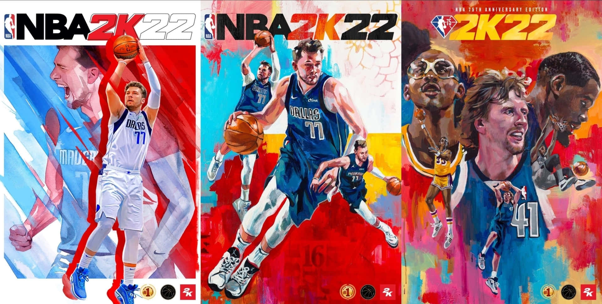 NBA 2K22遊戲封面藝術， featuring Luka Doncic 在色彩繽紛的抽象背景中擺出動作姿勢。