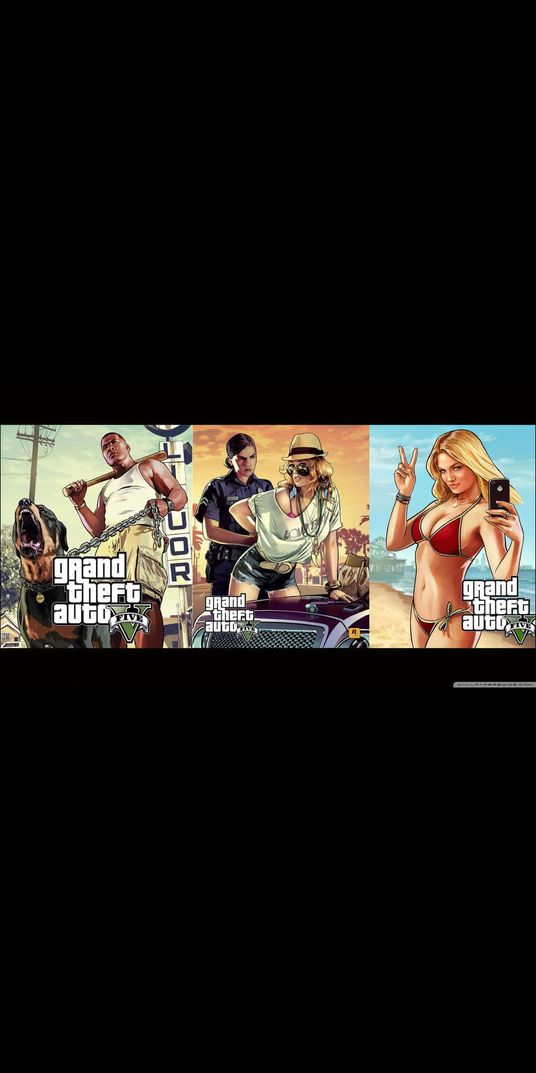 為 Pixel 3 呈現《GTA V》的沉浸式視覺風格 壁紙 — 三個風格化的《俠盜獵車手V》角色在都市背景下以大膽的漫畫藝術戲劇性地擺姿勢。