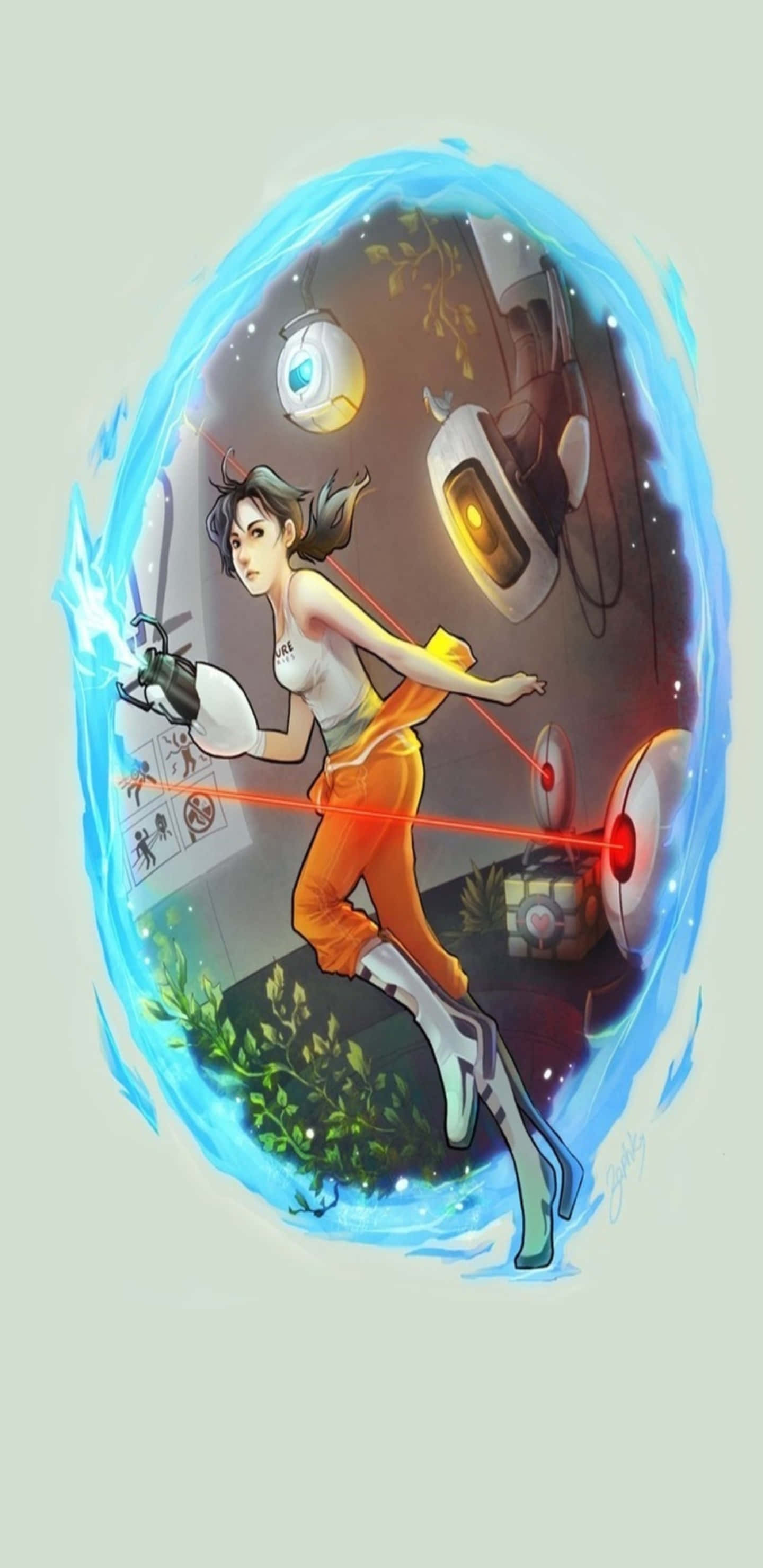 為 Pixel 3XL 設計的迷人 Portal 2 壁紙 — 一位身穿橙色褲子和白色上衣的女性玩家在一個發光的藍色傳送門內揮舞著激光槍，周圍環繞著科幻小工具和漂浮的植物。
