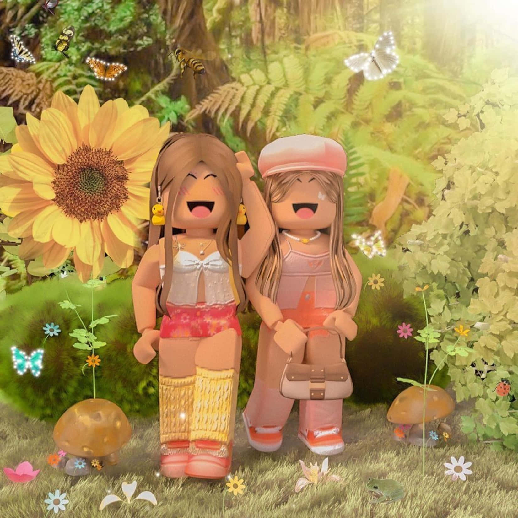 兩個微笑的Roblox角色在一個有向日葵和蝴蝶的魔法森林中。