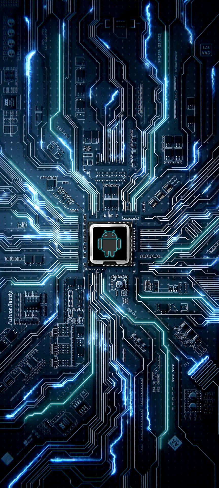 發光藍色電路板，中央有Android標誌