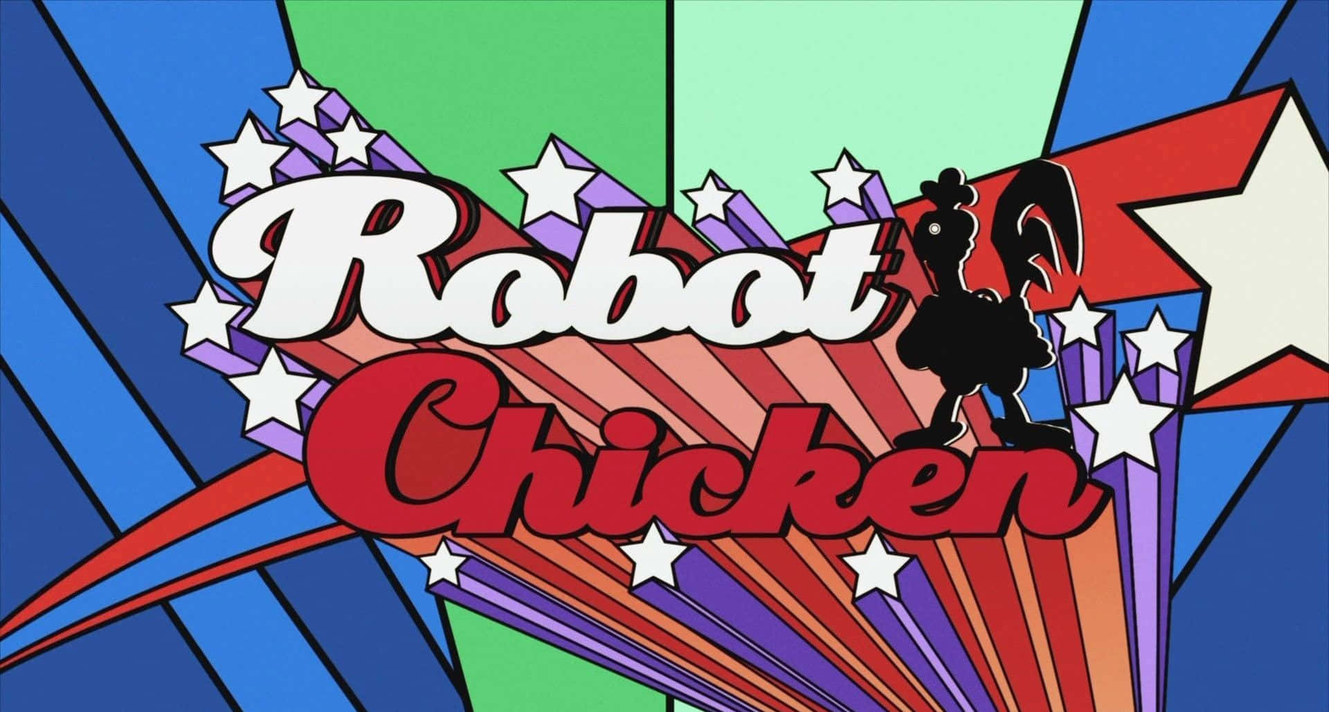Cartoon Robot 桌布 壁紙 — 為《機械雞》設計的大膽卡通標誌，黑色雞剪影映襯著紅、藍、綠色的鮮豔星爆背景。