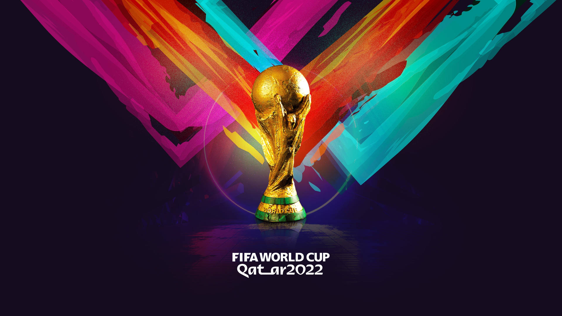 金色世界盃獎盃，帶有彩色抽象背景和Qatar 2022文字。