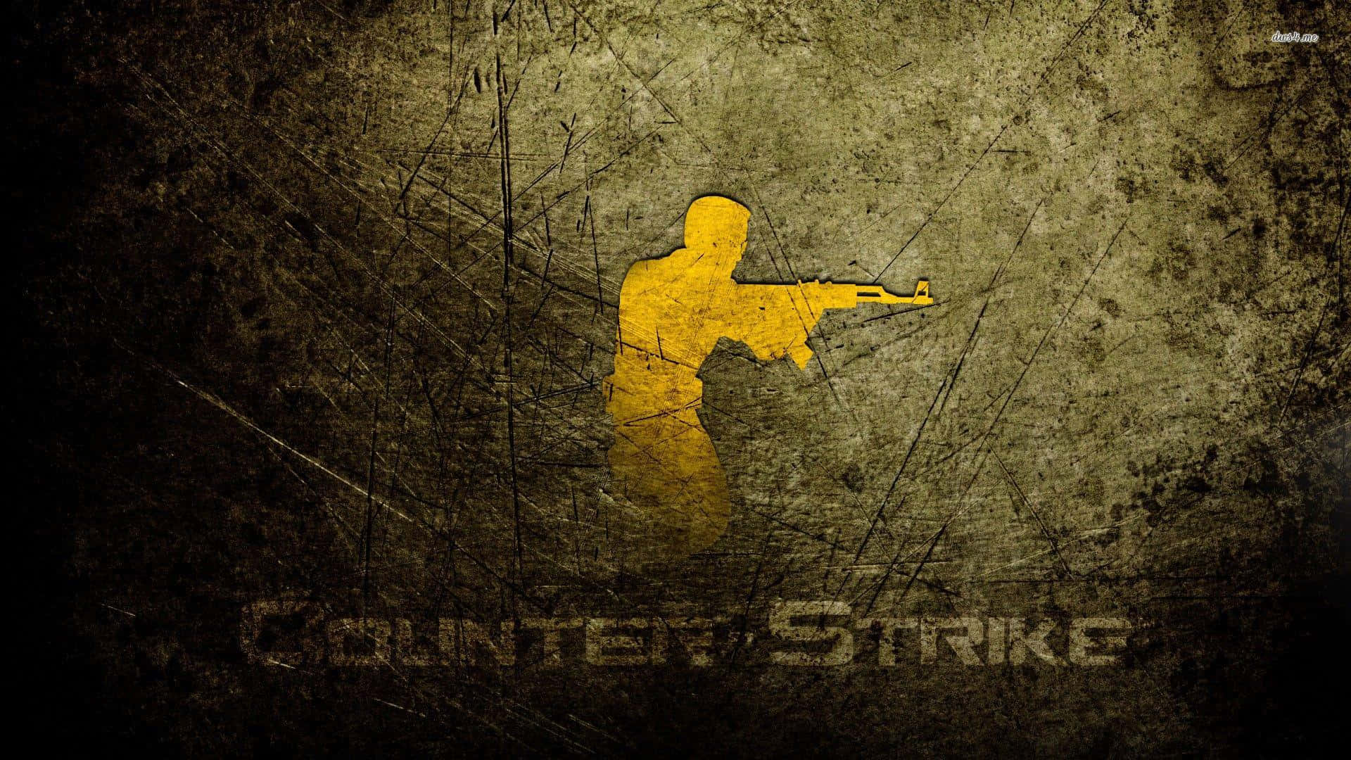黃色士兵剪影在刮痕牆壁上瞄準步槍，帶有Counter-Strike文字。