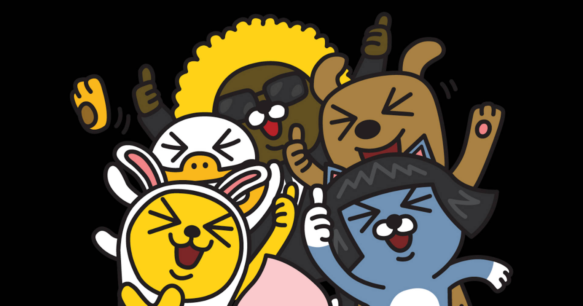 五隻卡通動物帶著燦爛笑容和舉起的雙臂一起慶祝。