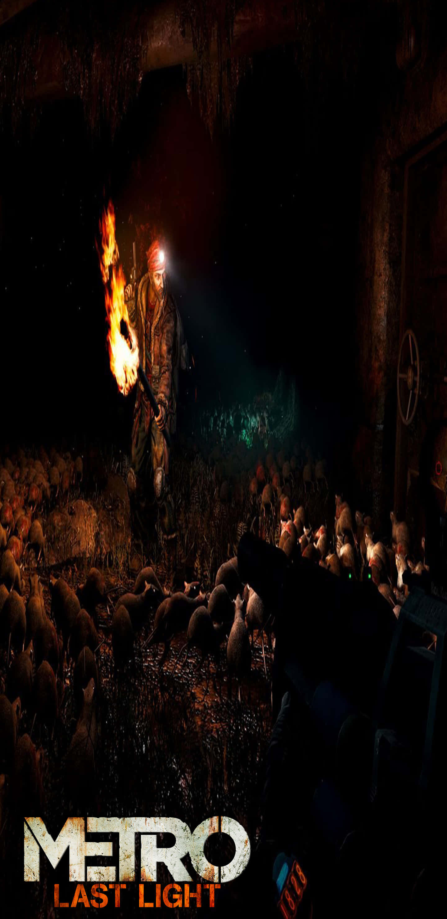 為Pixel 3XL設計的《Metro Last Light》風格背景 壁紙 — 一個孤獨嘅倖存者手持燃燒嘅火炬，喺黑暗、破爛嘅地下隧道中，被成群嘅老鼠包圍住，挑釁咁企喺度。