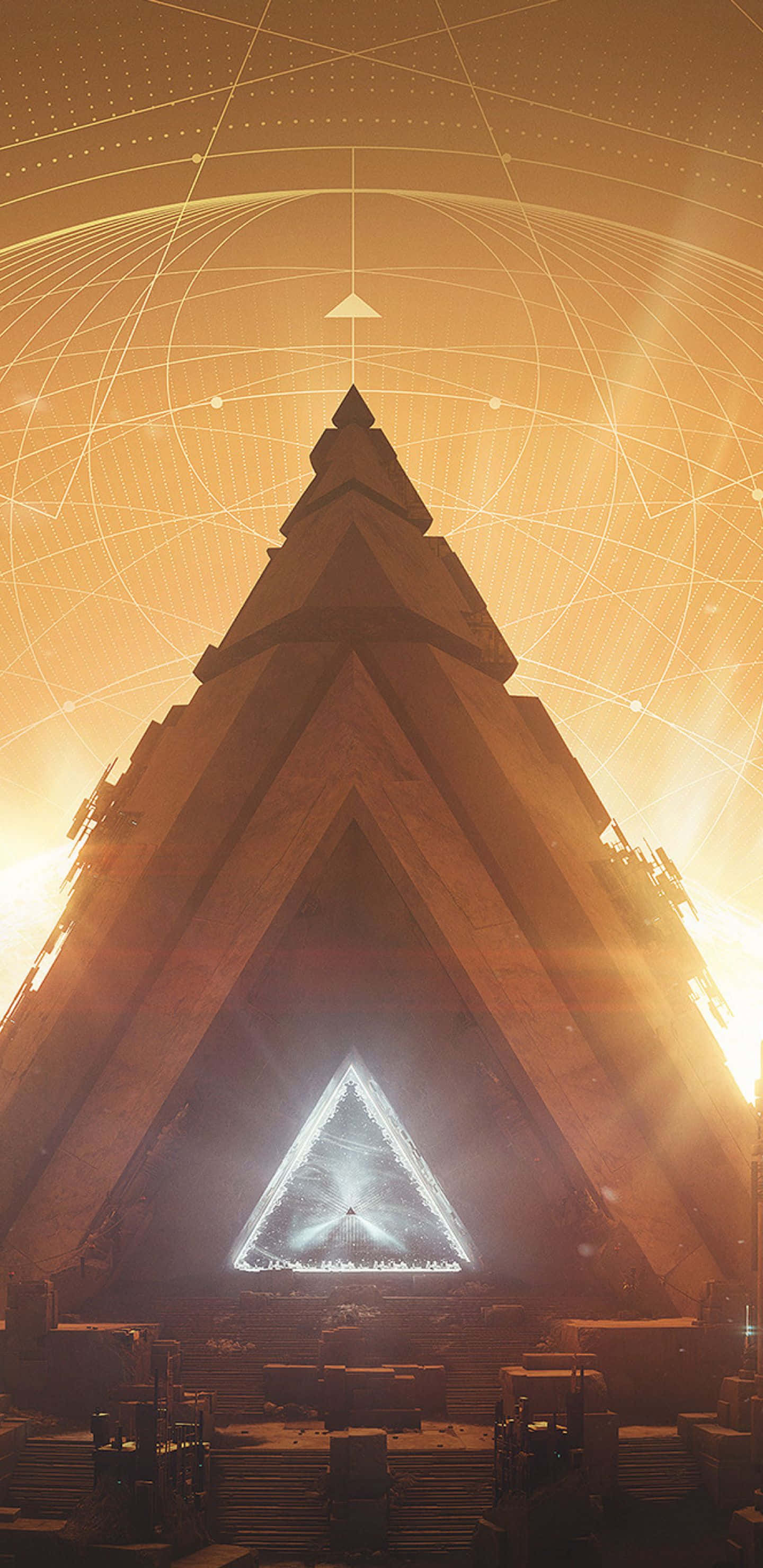 為Pixel 3XL設計的迷人《Destiny 2》壁紙 壁紙 — 一座高聳的幾何金字塔結構從其三角形核心發出耀眼的光芒，映襯著帶有天空網格線的金色天空。