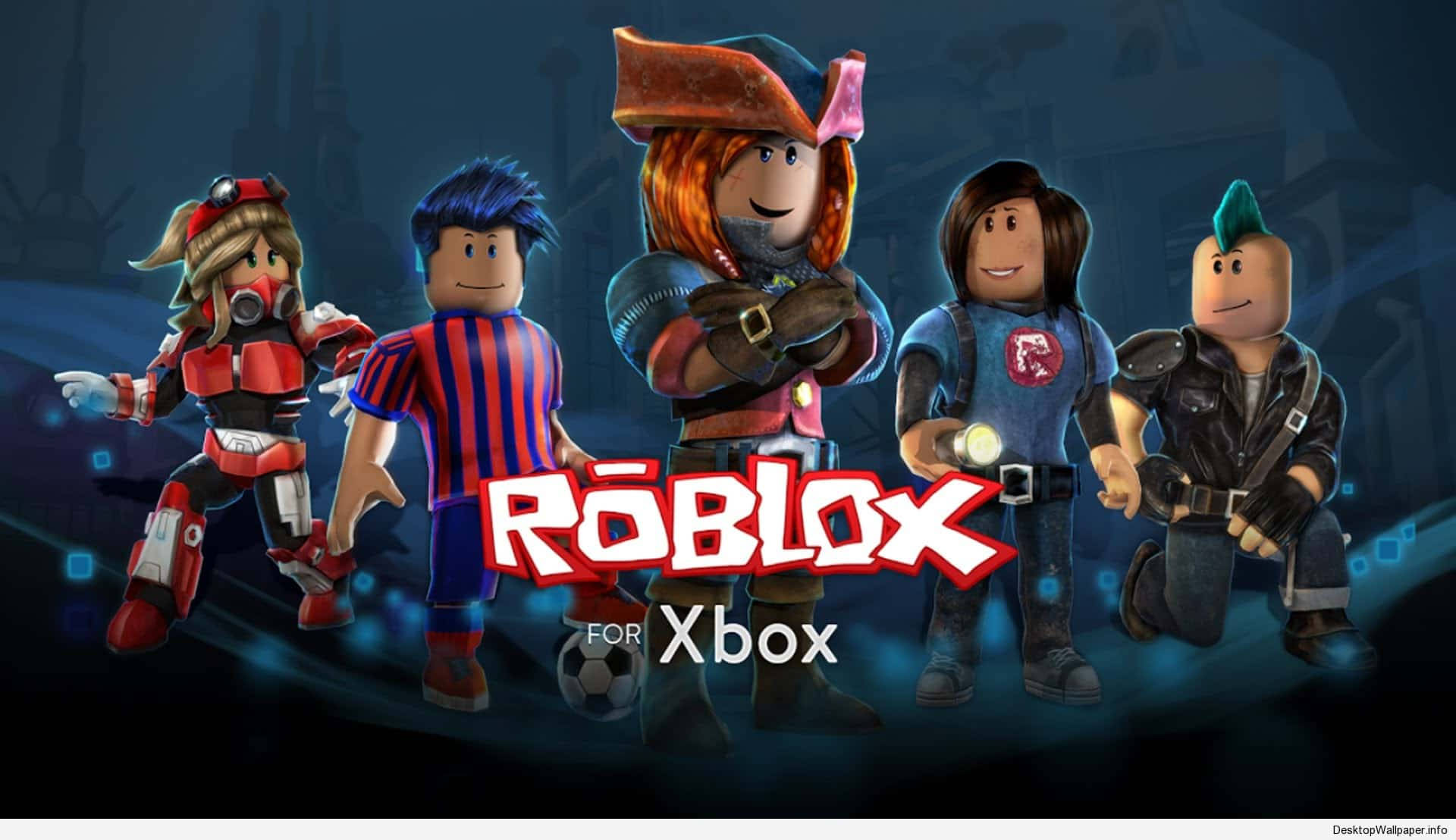 五個 Roblox 角色穿著不同的服裝，為 Roblox for Xbox 宣傳擺姿勢。