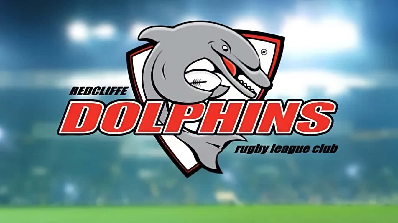 Redcliffe Dolphins 欖球聯賽會徽，海豚吉祥物抱著球。