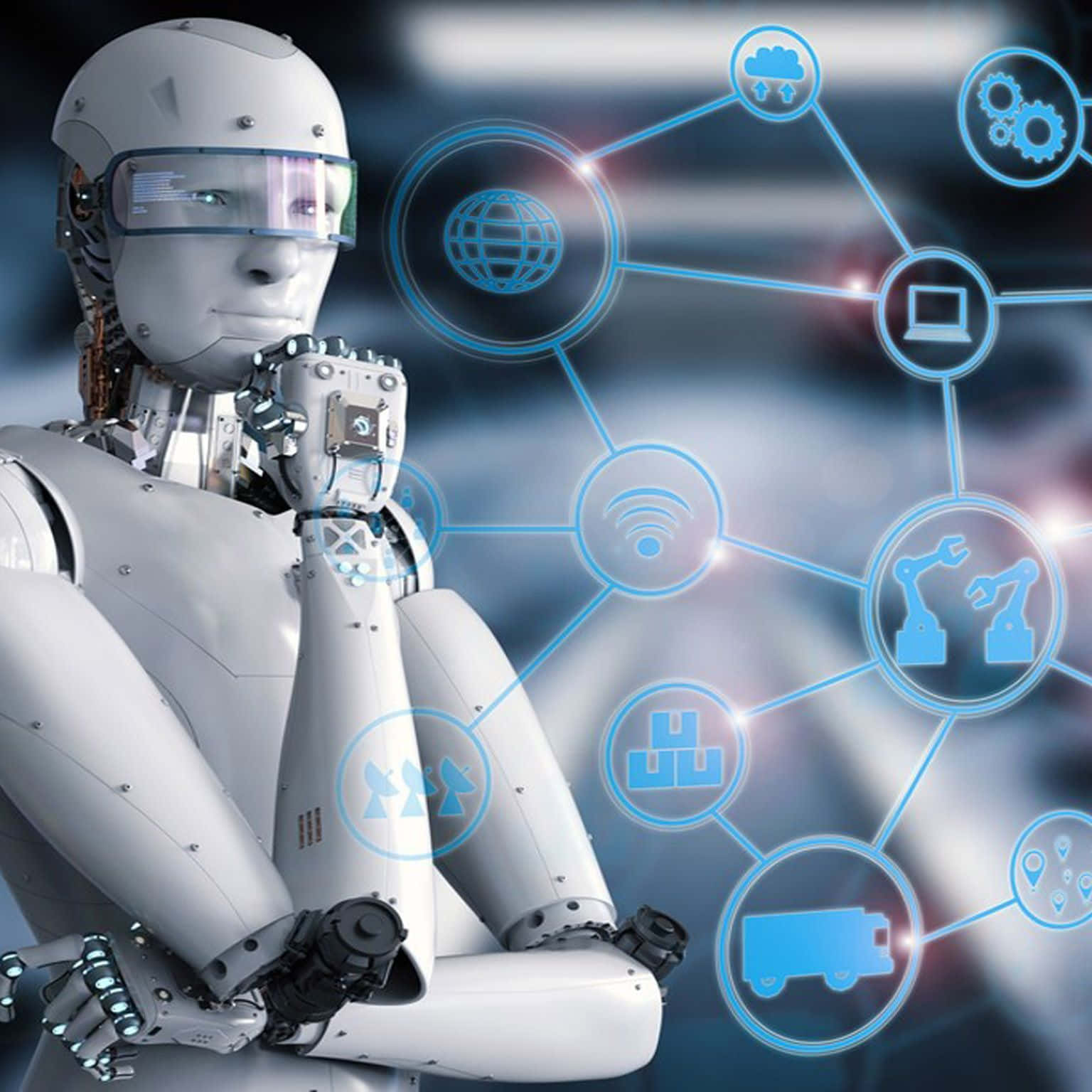 為世界 Harness 科技的力量 壁紙 — 一個沉思姿勢的人形機器人，被代表全球連接性和自動化的發光藍色數字圖標包圍。