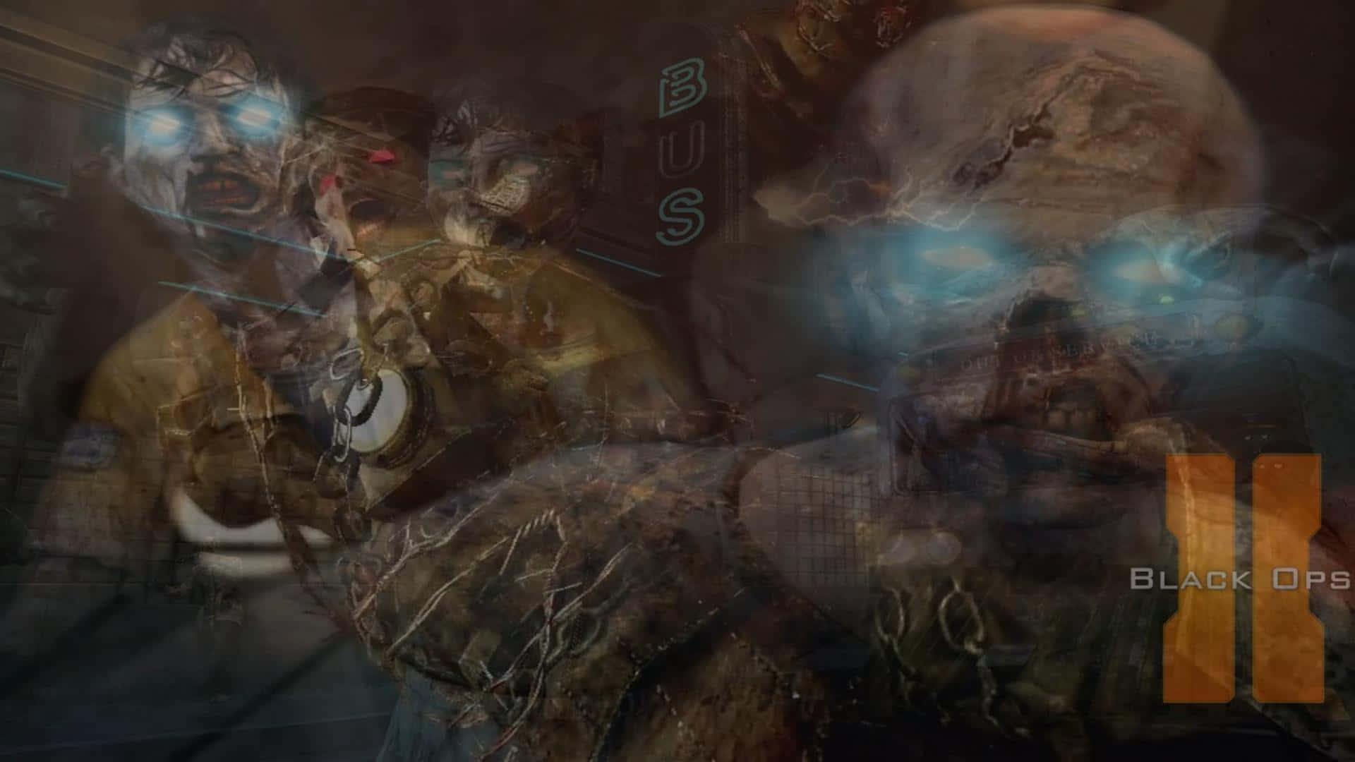 為人類服務 壁紙 — 陰森的殭屍形象，眼睛發出藍光，潛伏在黑暗的城市廢墟中，廢墟上有褪色的巴士標誌和Black Ops II標誌。