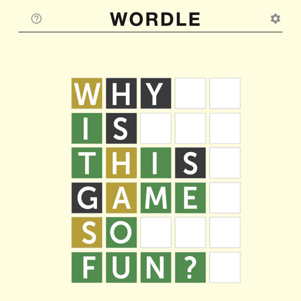 Wordle 遊戲畫面以彩色字母瓷磚顯示短語「WHY IS THIS GAME SO FUN?」。