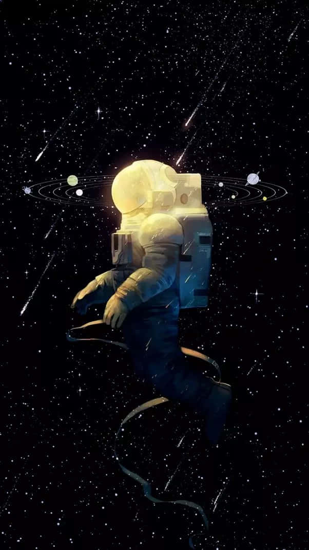 太空人在繁星點點的太空中漂流，伴隨著發光的行星和軌道衛星。