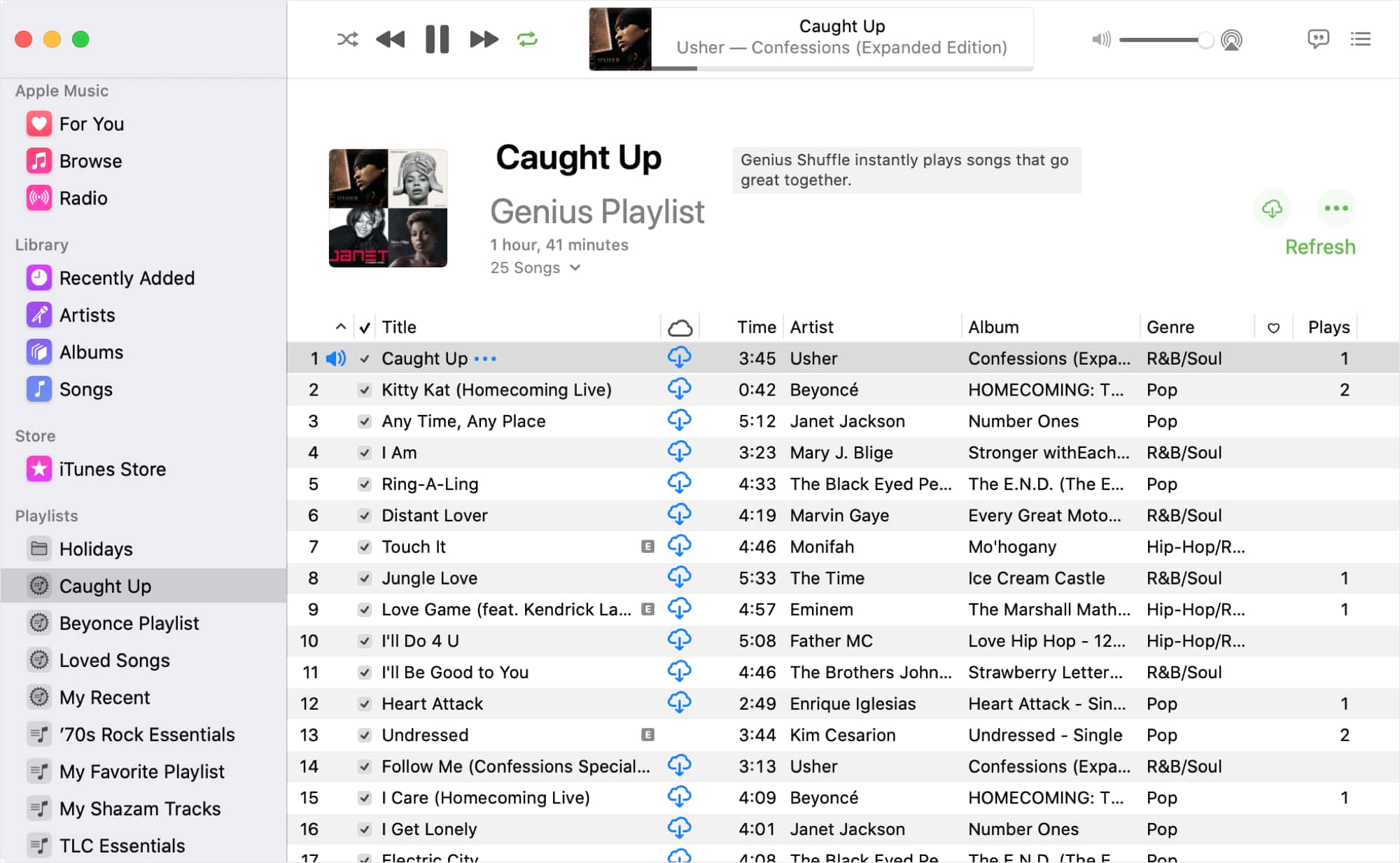Apple Music Genius 播放清單畫面，顯示歌曲清單和藝人詳細資訊。