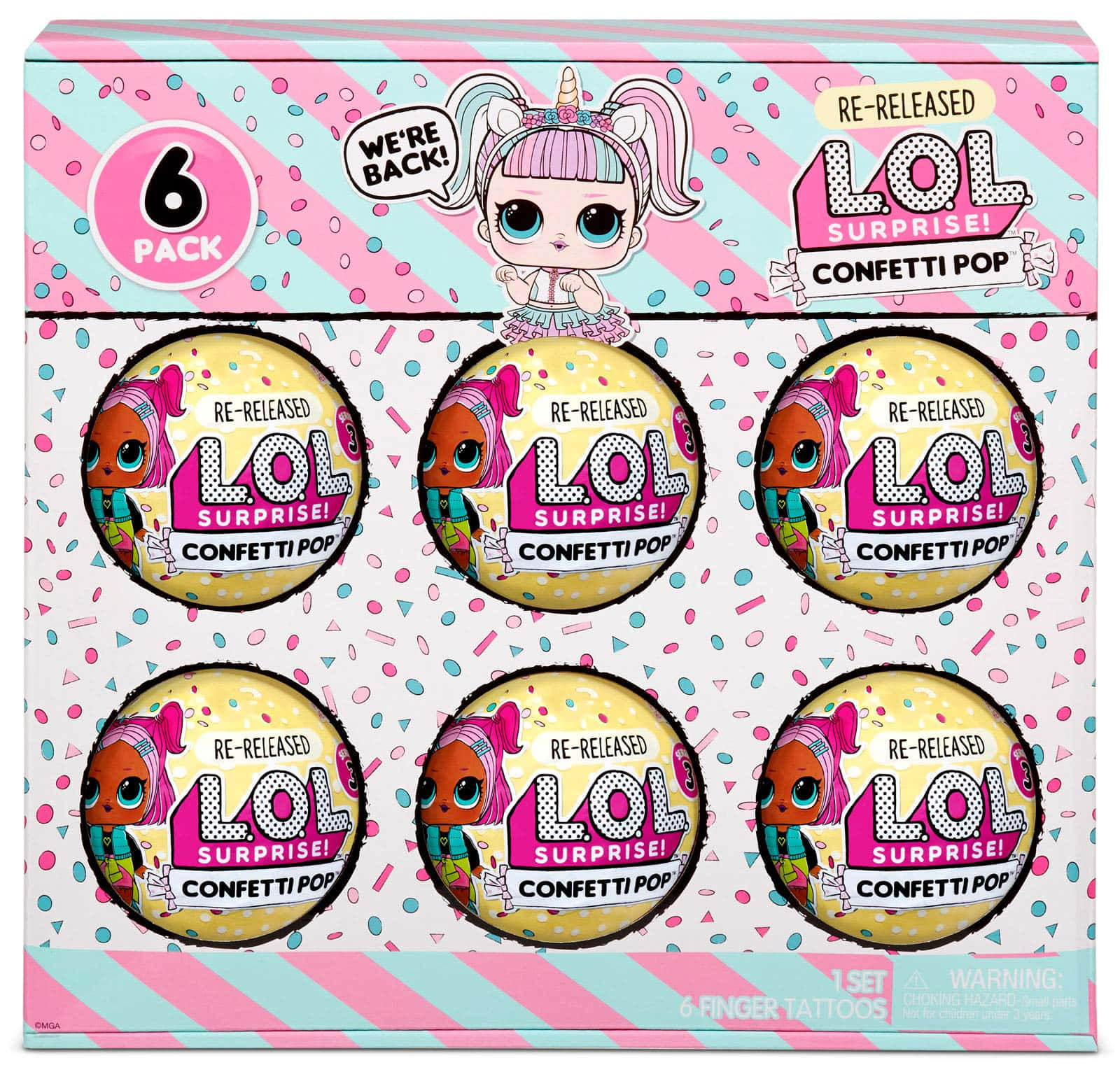 六個LOL Surprise Confetti Pop玩具包裝在一個帶有卡通角色的色彩繽紛盒子裡。