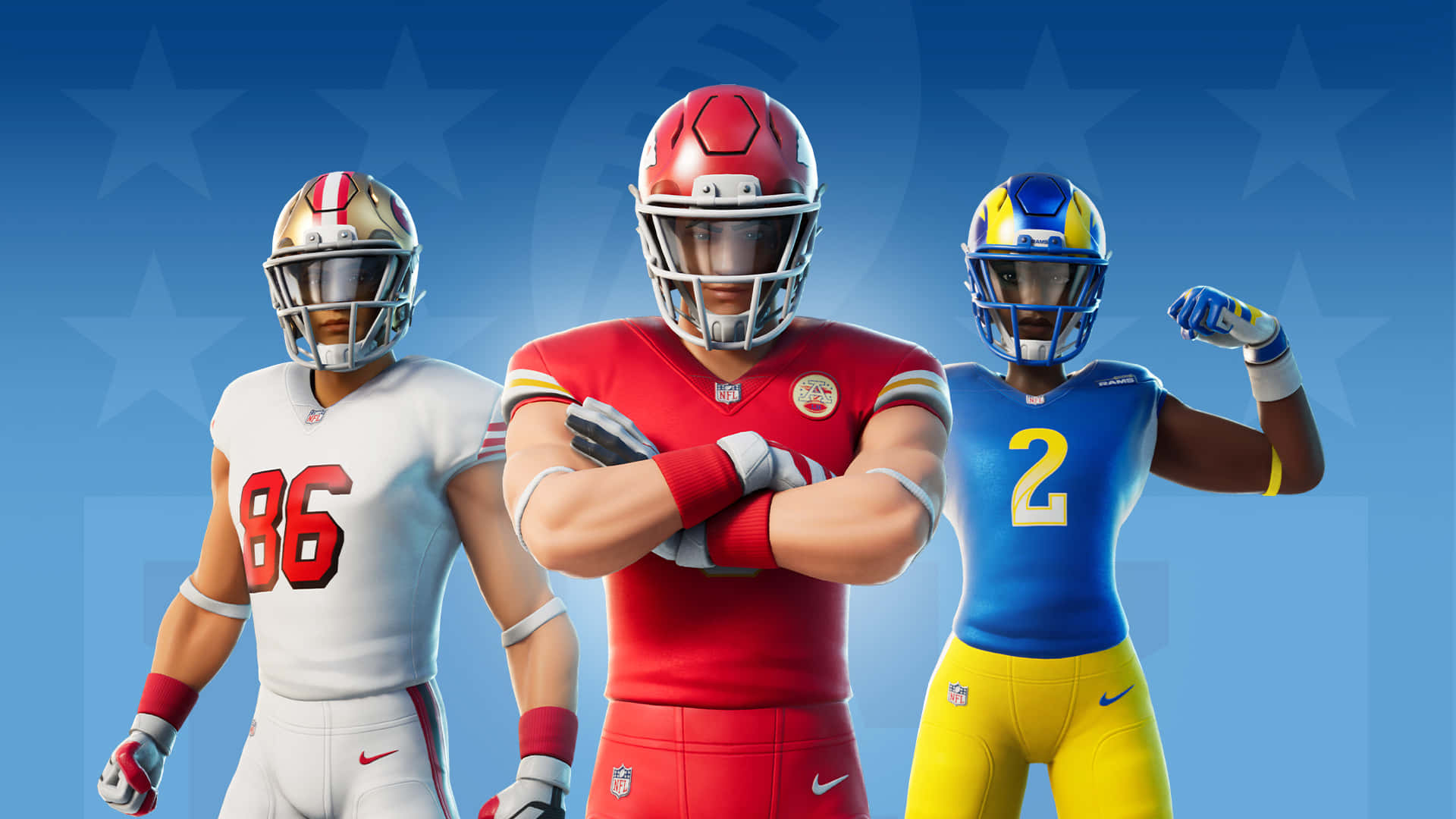 為你最愛的 NFL 隊伍加油助威，爭取冠軍 壁紙 — 三名身穿全套裝備的NFL美式足球運動員自信地站在藍色星空背景前。