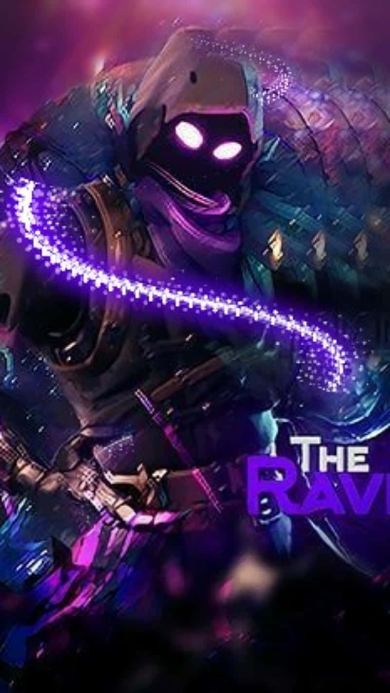 為你的《Fortnite》烏鴉皮膚搭配最新潮流，實現全面勝利！ 壁紙 — 一個戴著兜帽、眼睛發光的戰士，在宇宙星雲背景下揮舞著紫色能量劍。