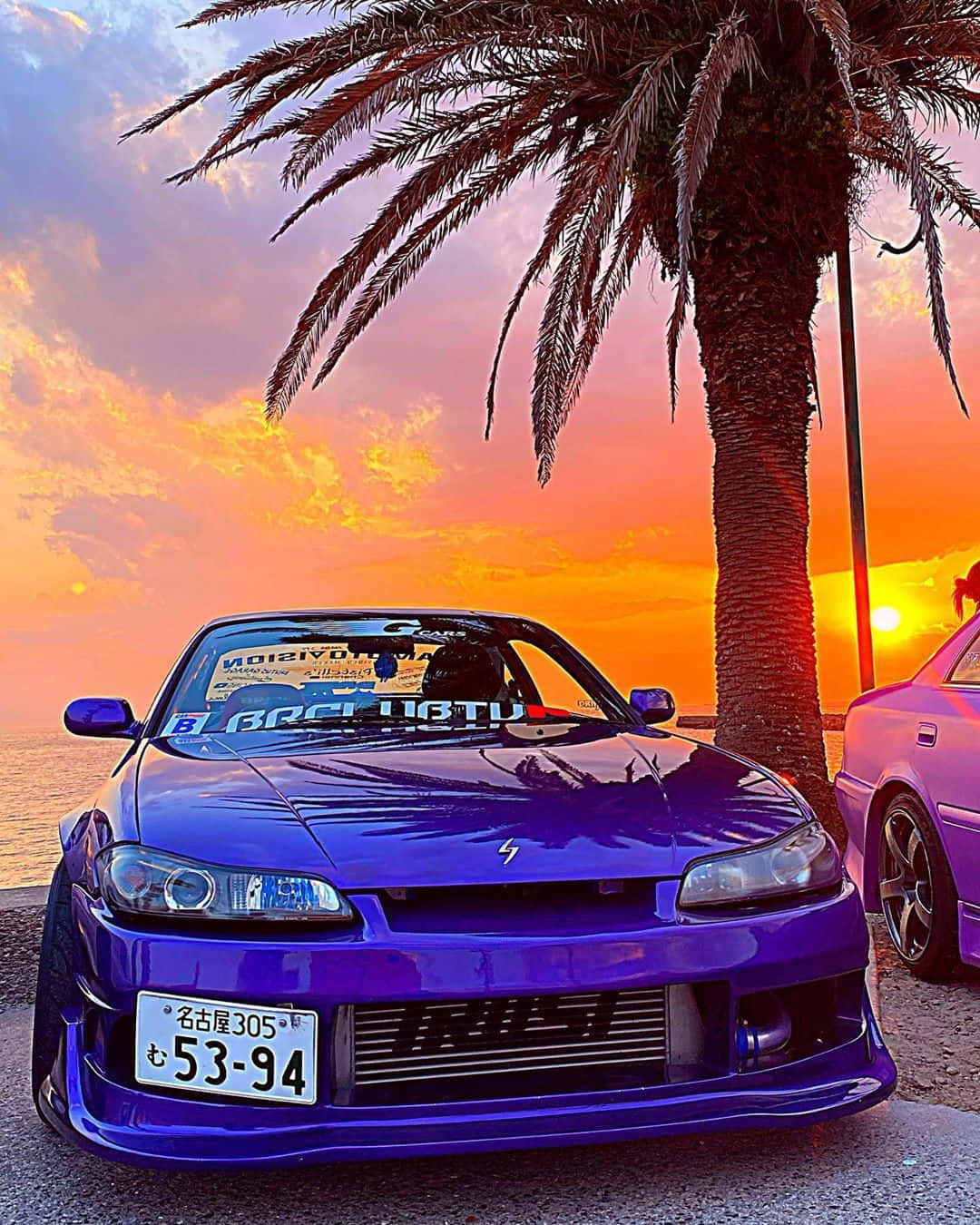 紫色跑車停放在棕櫚樹下，海邊夕陽
