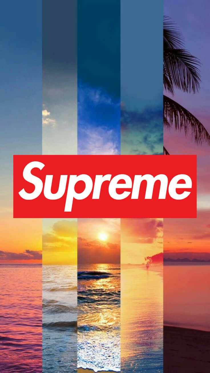 Supreme標誌在彩色垂直日落海灘條紋上，配有棕櫚葉。