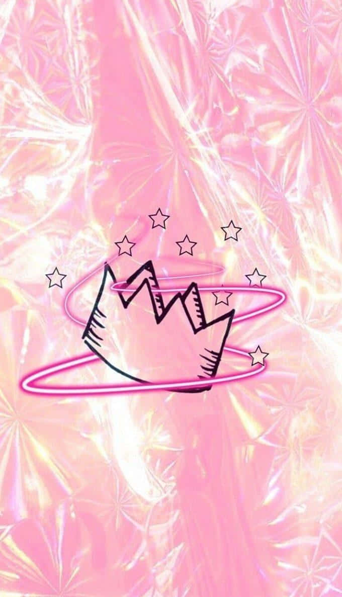 破碎的王冠，帶有星星和發光光環，在閃爍的粉紅色背景上