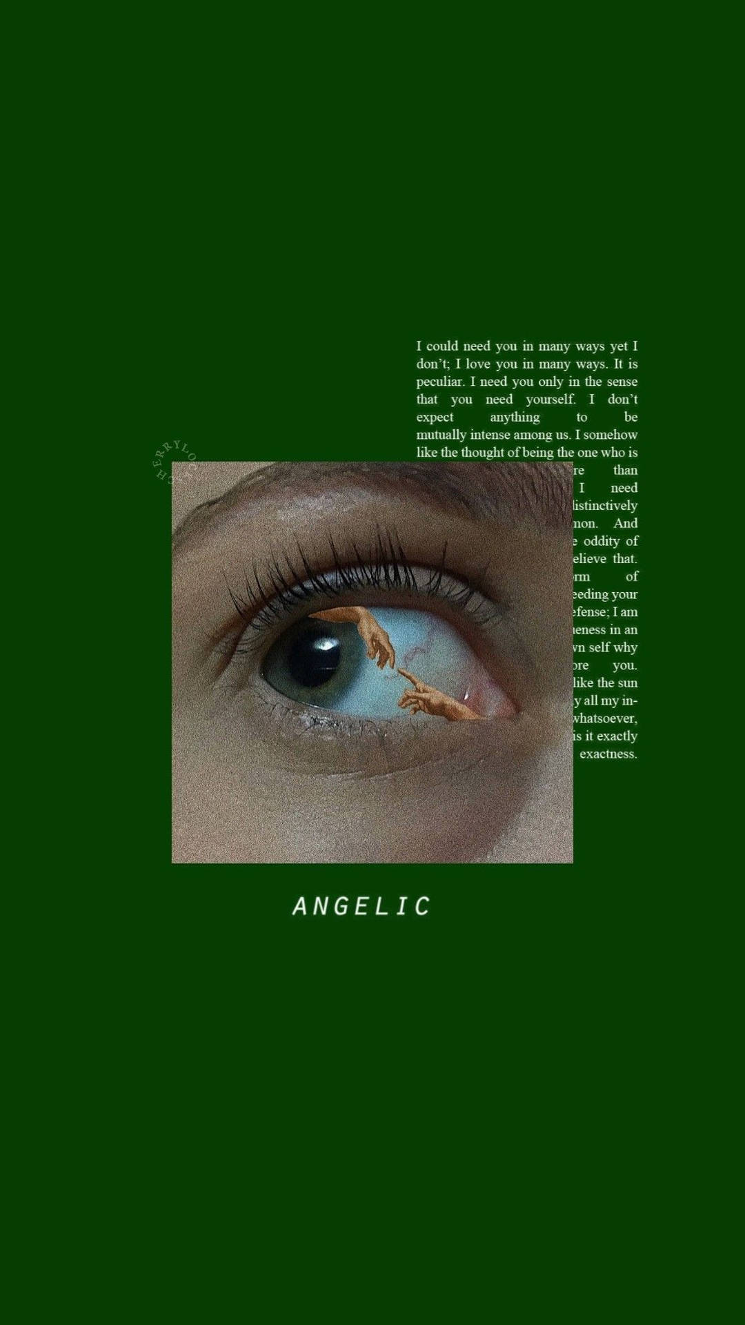 眼睛的特寫，反射出兩隻手互相伸向對方，帶有文字和單詞angelic。