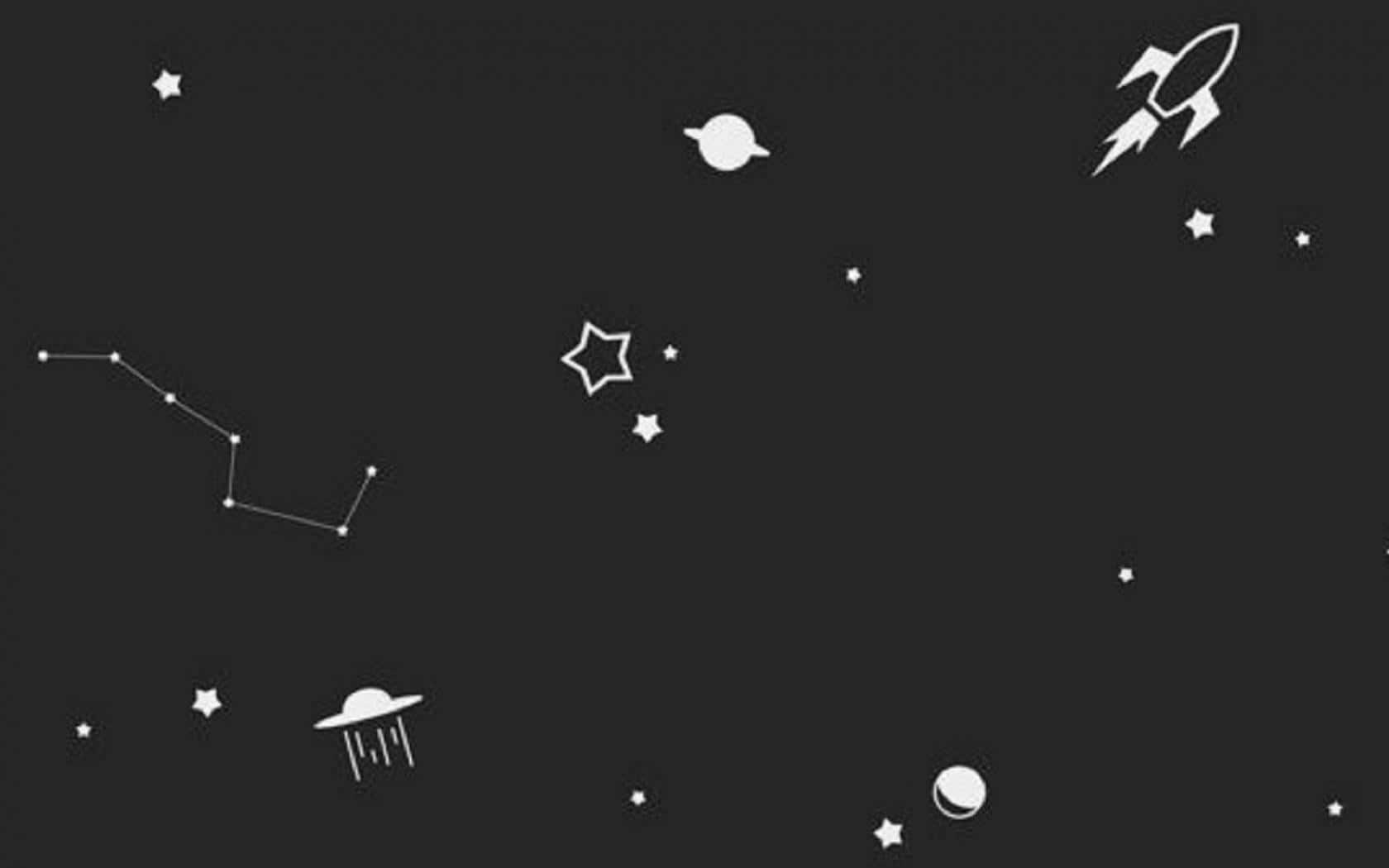 白色太空圖標，包括星星、火箭、行星和UFO，在深色背景上。