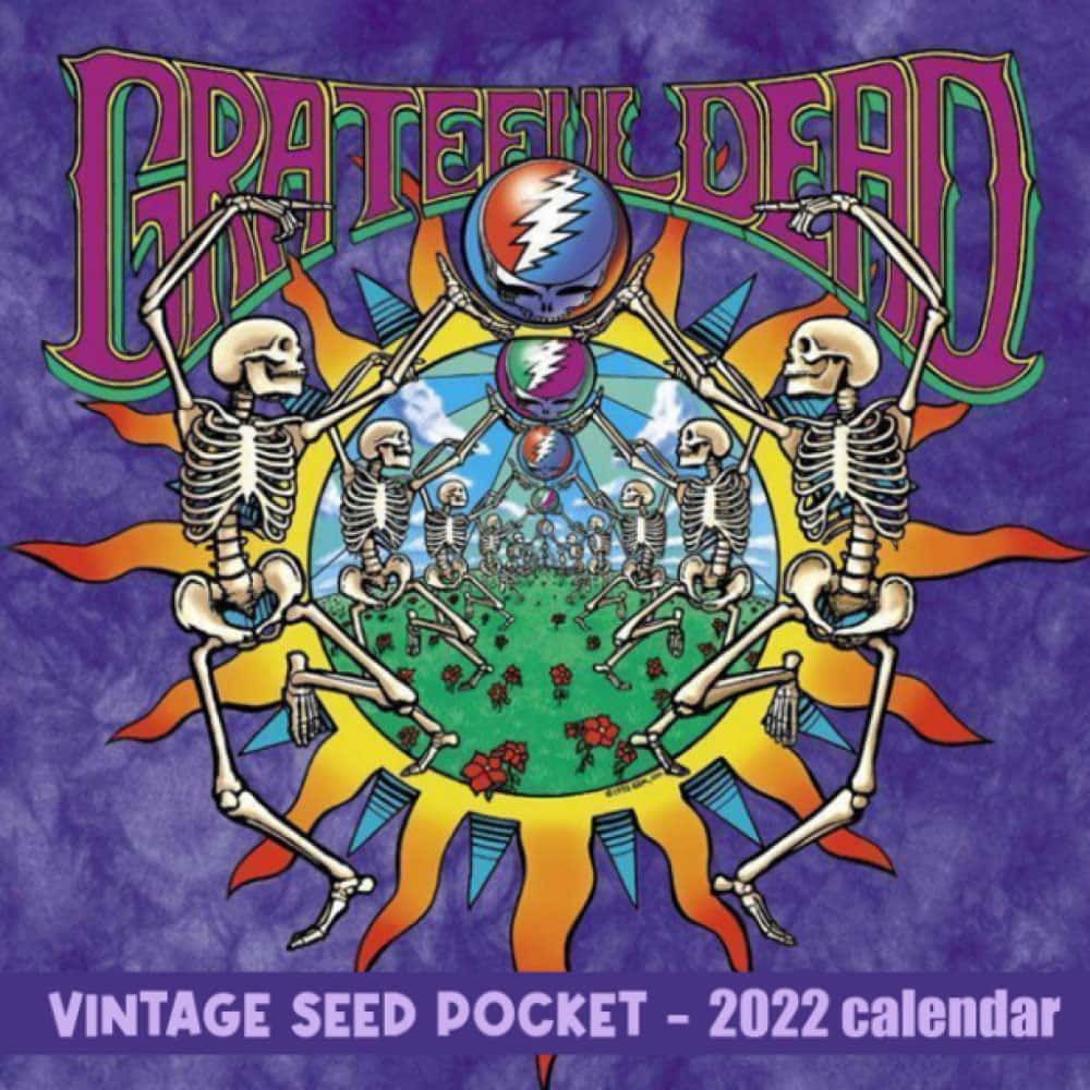 Grateful Dead 復古種子口袋日曆封面，有跳舞的骷髏和頭骨球體。