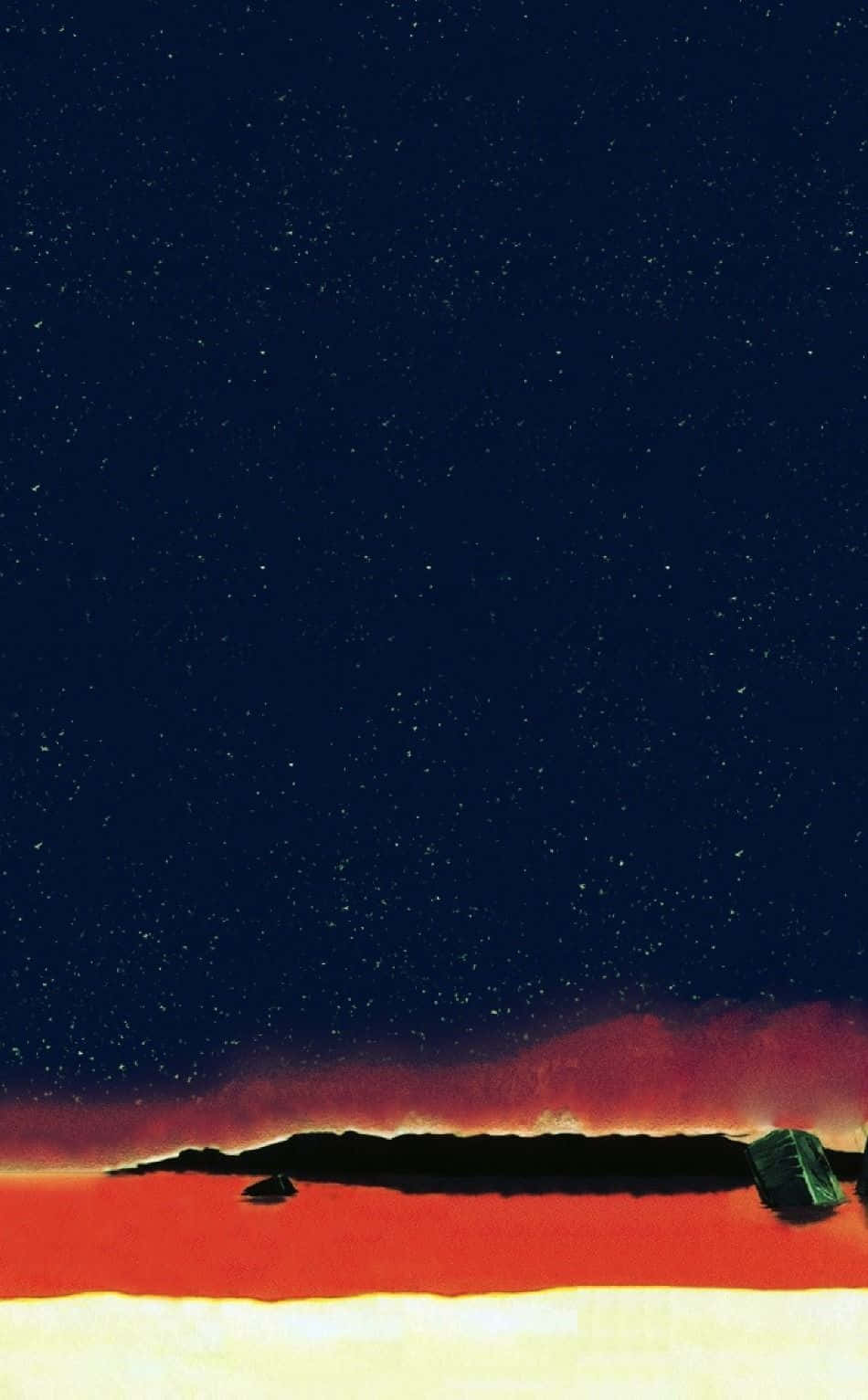 平靜水面上的一艘小船，星空下泛著紅光的地平線。