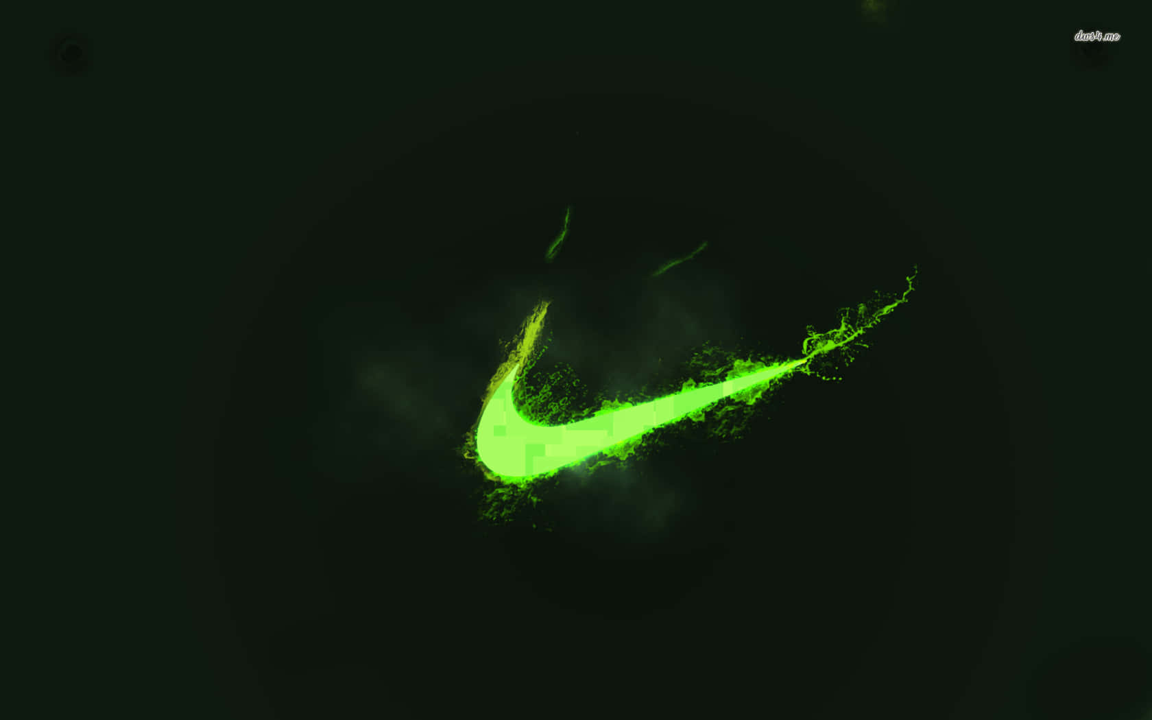 螢光綠色Nike剔號標誌，在黑暗背景上帶有發光粒子