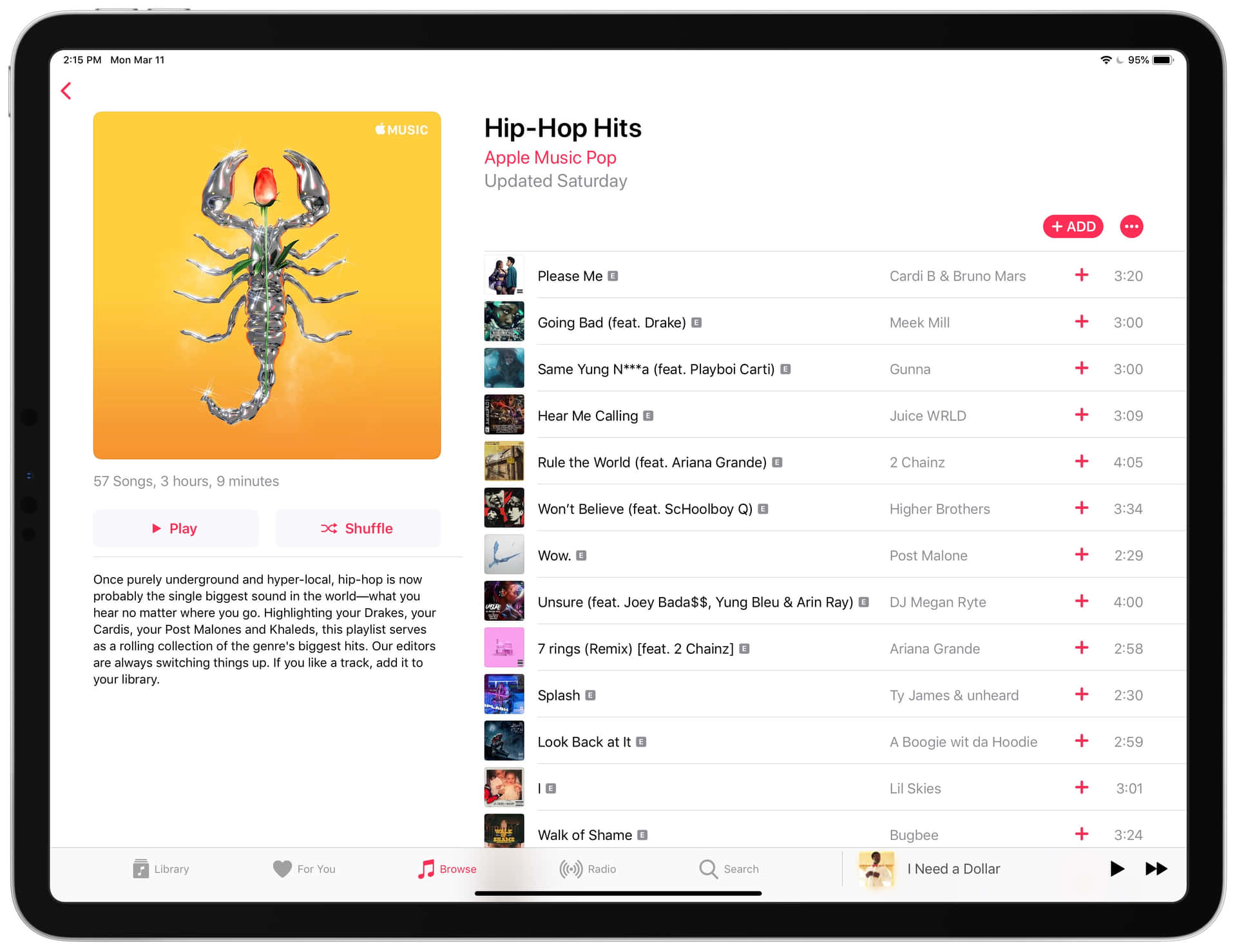 Apple Music 平板電腦螢幕顯示帶有蠍子圖示的 Hip-Hop Hits 播放清單。