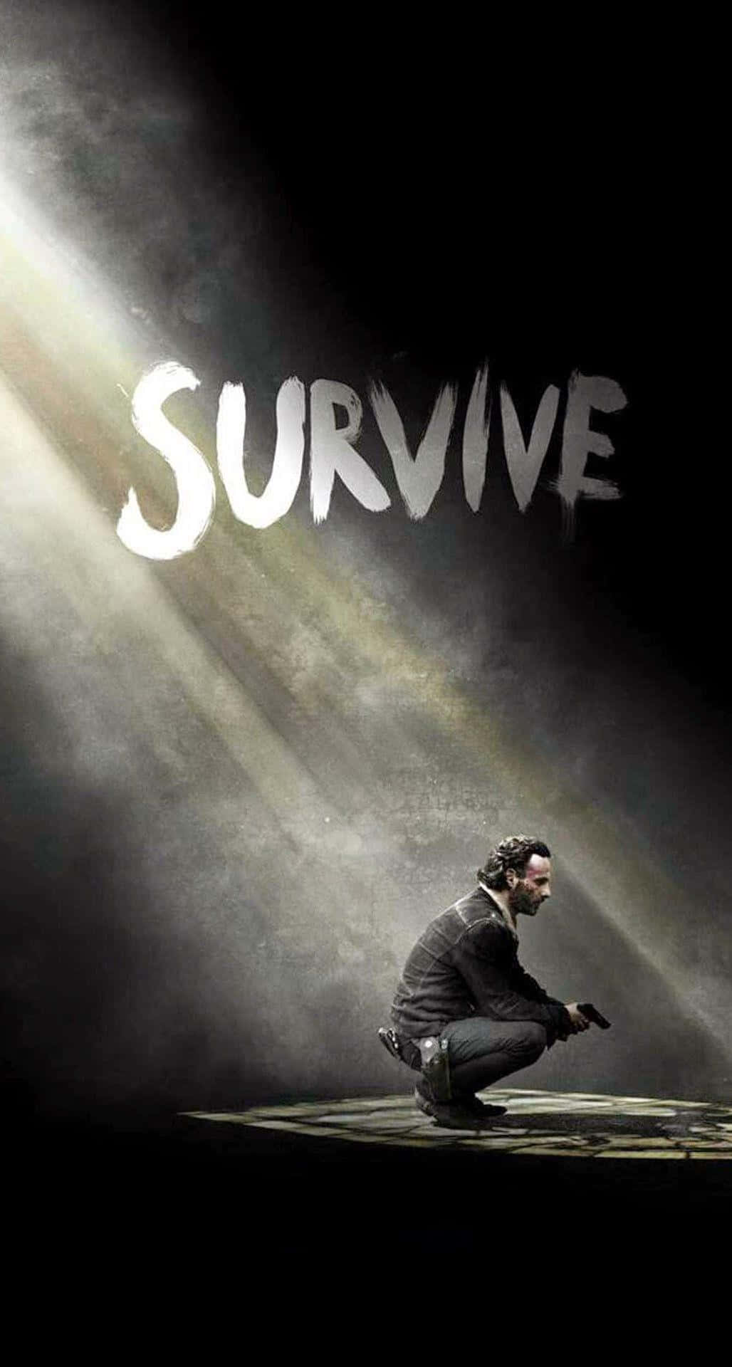 男子在聚光燈下跪著持槍，上方有survive字樣。
