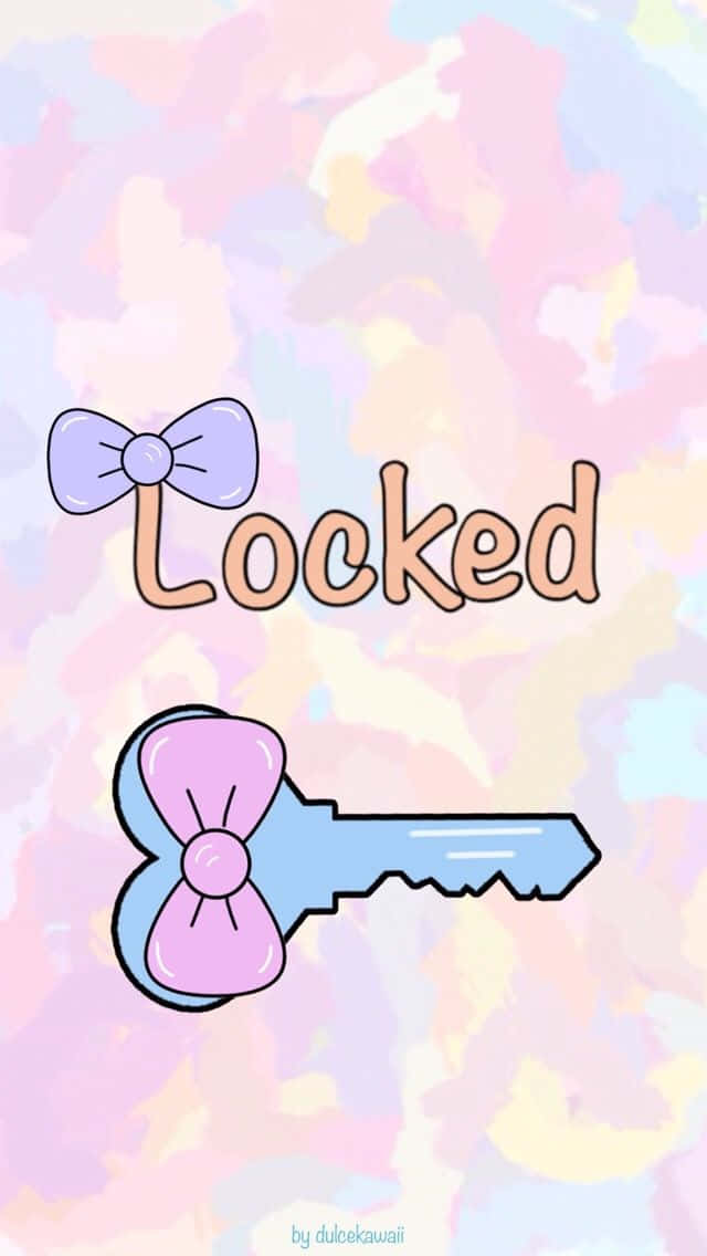 一把卡通鑰匙，帶有蝴蝶結和「Locked」字樣，背景是粉彩水彩畫。