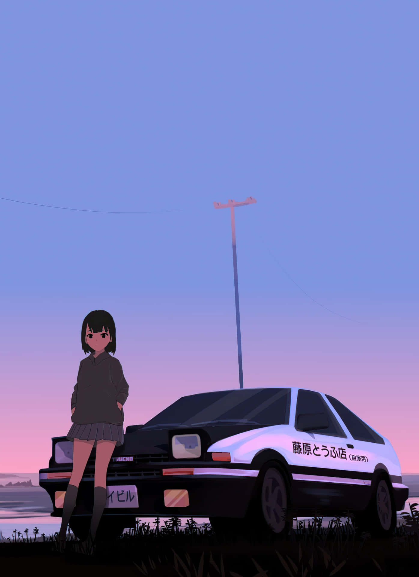 黃昏時分，動漫女孩站在AE86車旁，天空呈現粉紅色和藍色