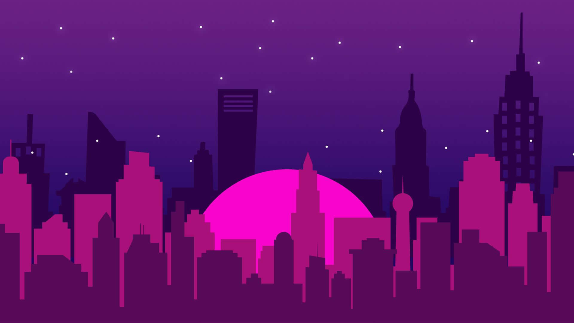 為你的數位時刻增添優雅氣息，使用這款紫羅蘭閃耀背景 壁紙 — 夜晚風格化的城市天際線，帶有發光的粉紅色月亮和繁星點點的紫色天空。