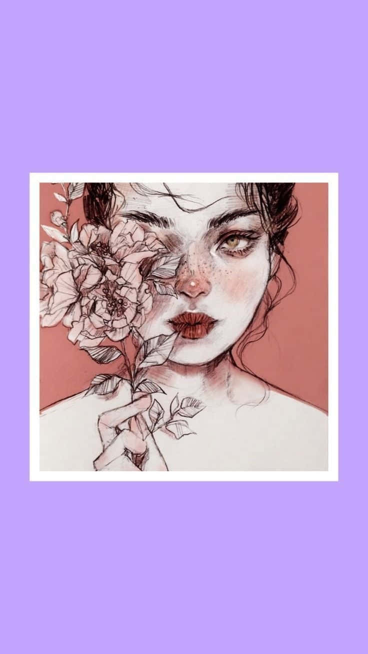 女性在粉紅色背景前將花遮住臉，有雀斑和紅唇。