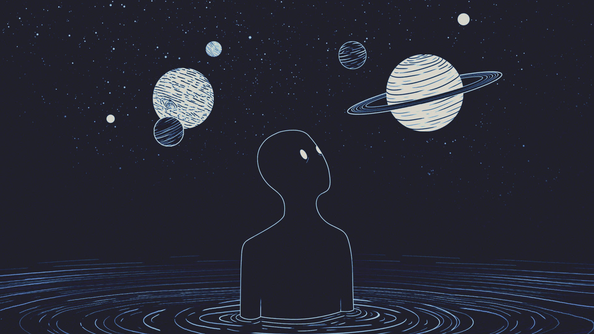 為你的桌面增添獨特美學壁紙 壁紙 — 水中人物的極簡剪影，仰望宇宙夜空中的風格化行星和星星。