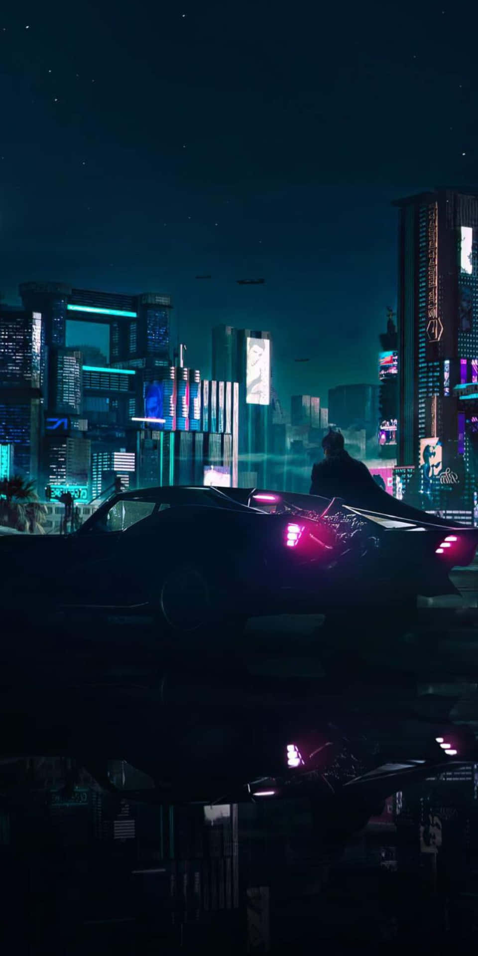 一個人在霓虹城市夜晚中站在發光汽車旁的剪影。