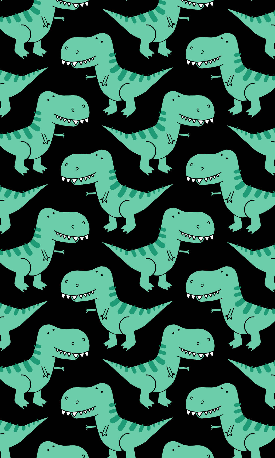 在黑色背景上重複圖案的青綠色卡通 T-Rex 恐龍。