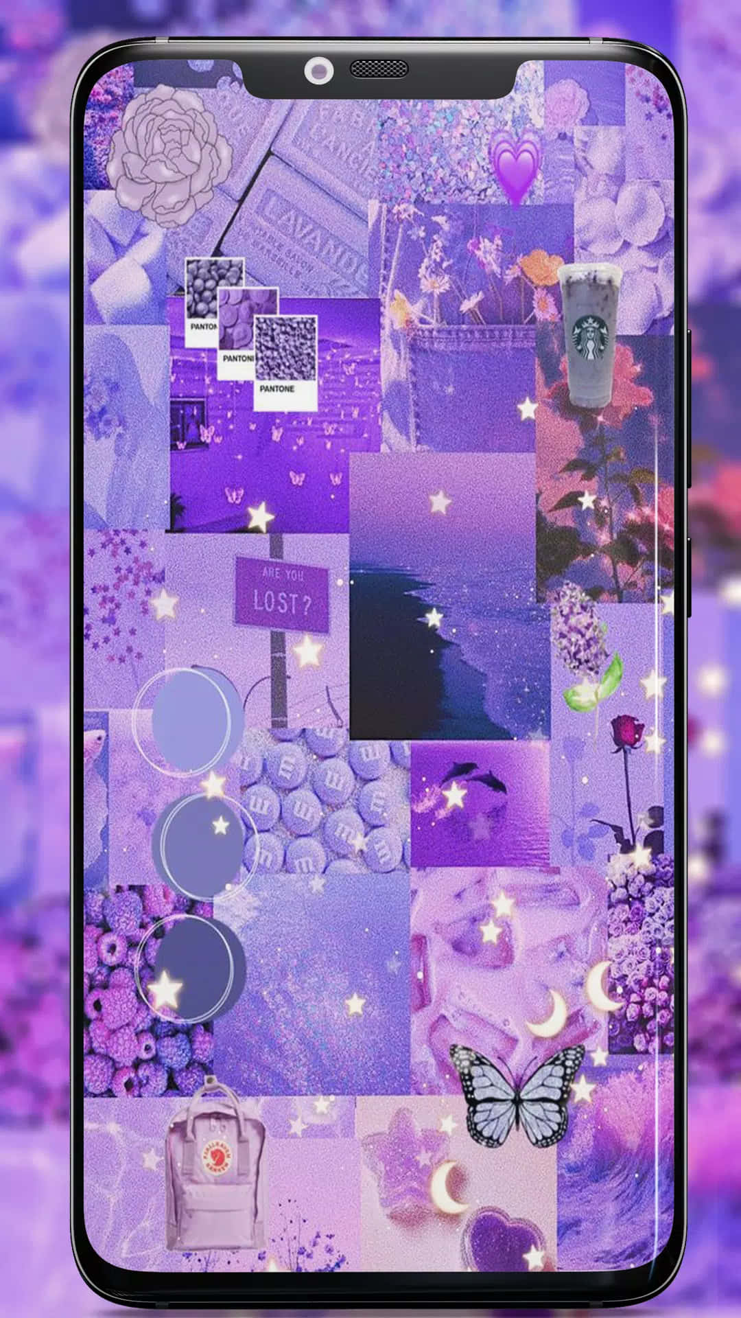 紫色拼貼牆紙，帶有花朵、星星、蝴蝶和 Pantone 色板，顯示在手機上。