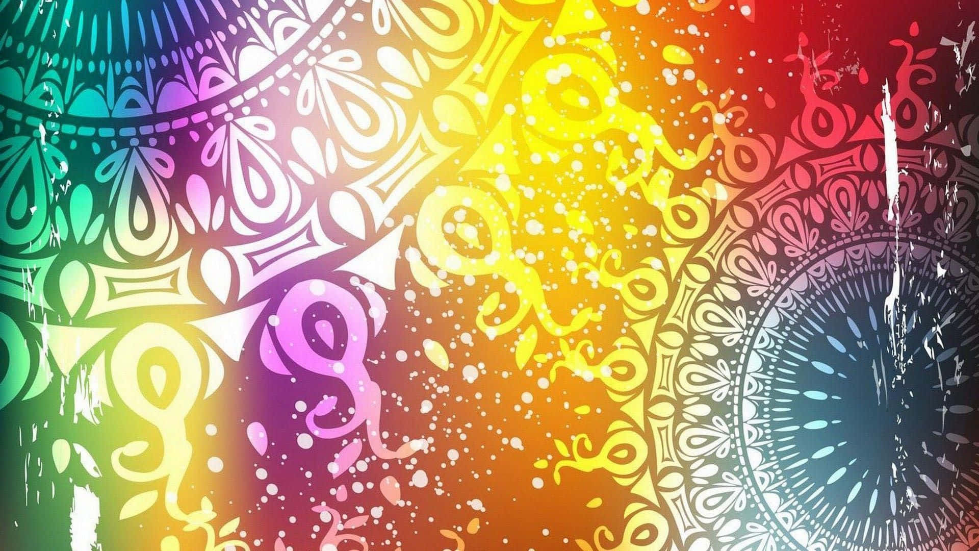 為你的螢幕增添活力的鮮豔壁紙 壁紙 — 充滿活力的彩虹漸變壁紙，帶有複雜的白色曼陀羅圖案和閃爍的粒子。