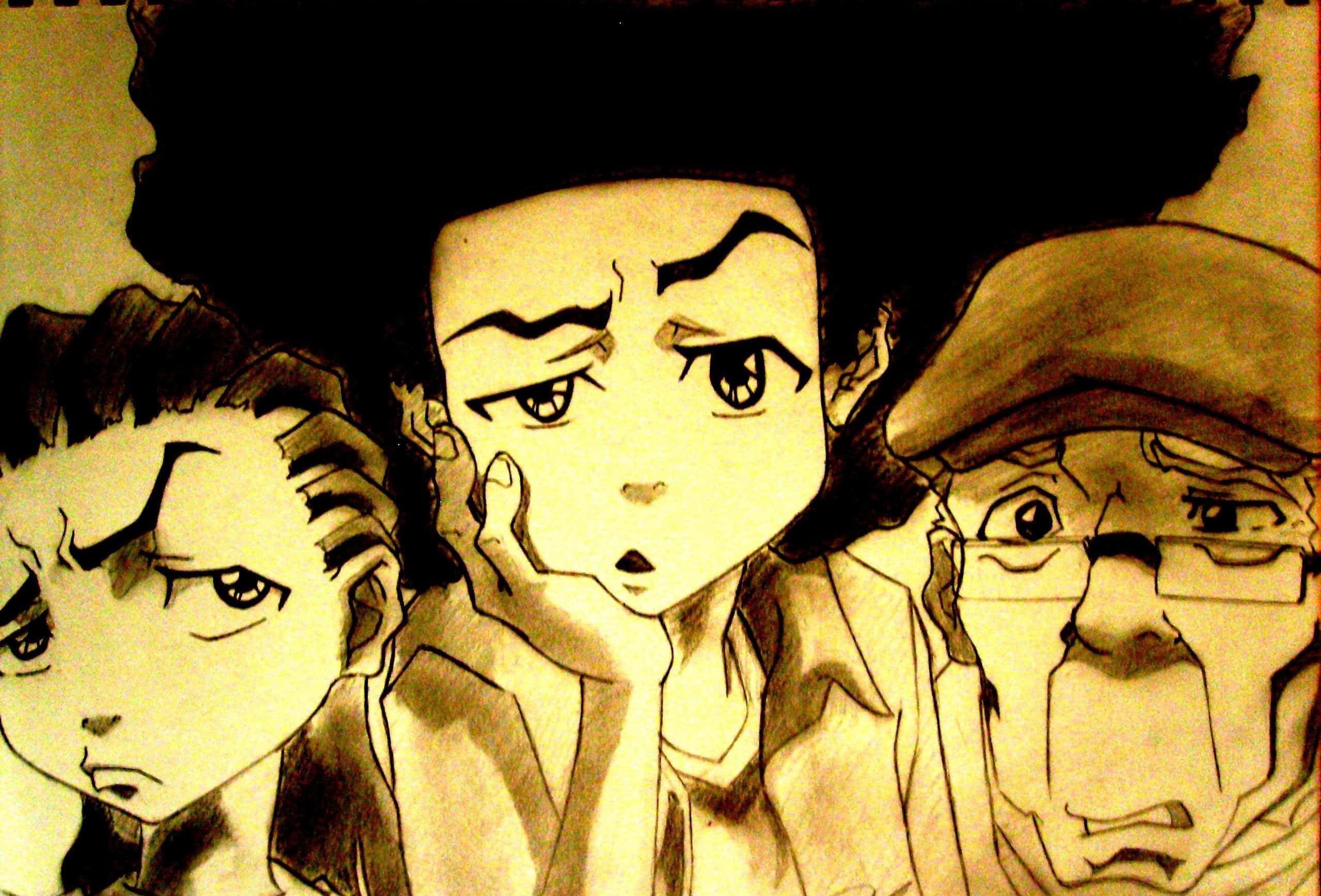 為你的衣櫃增添經典風格 — Boondocks Bape 系列 壁紙 — 三個表情憂慮的動漫角色，以棕褐色素描風格呈現。