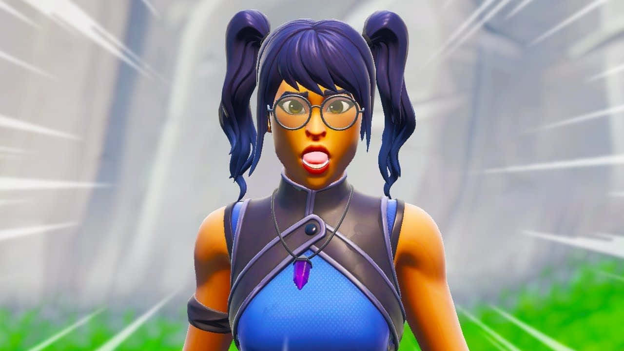 驚訝的Fortnite角色，紫色辮子和眼鏡。