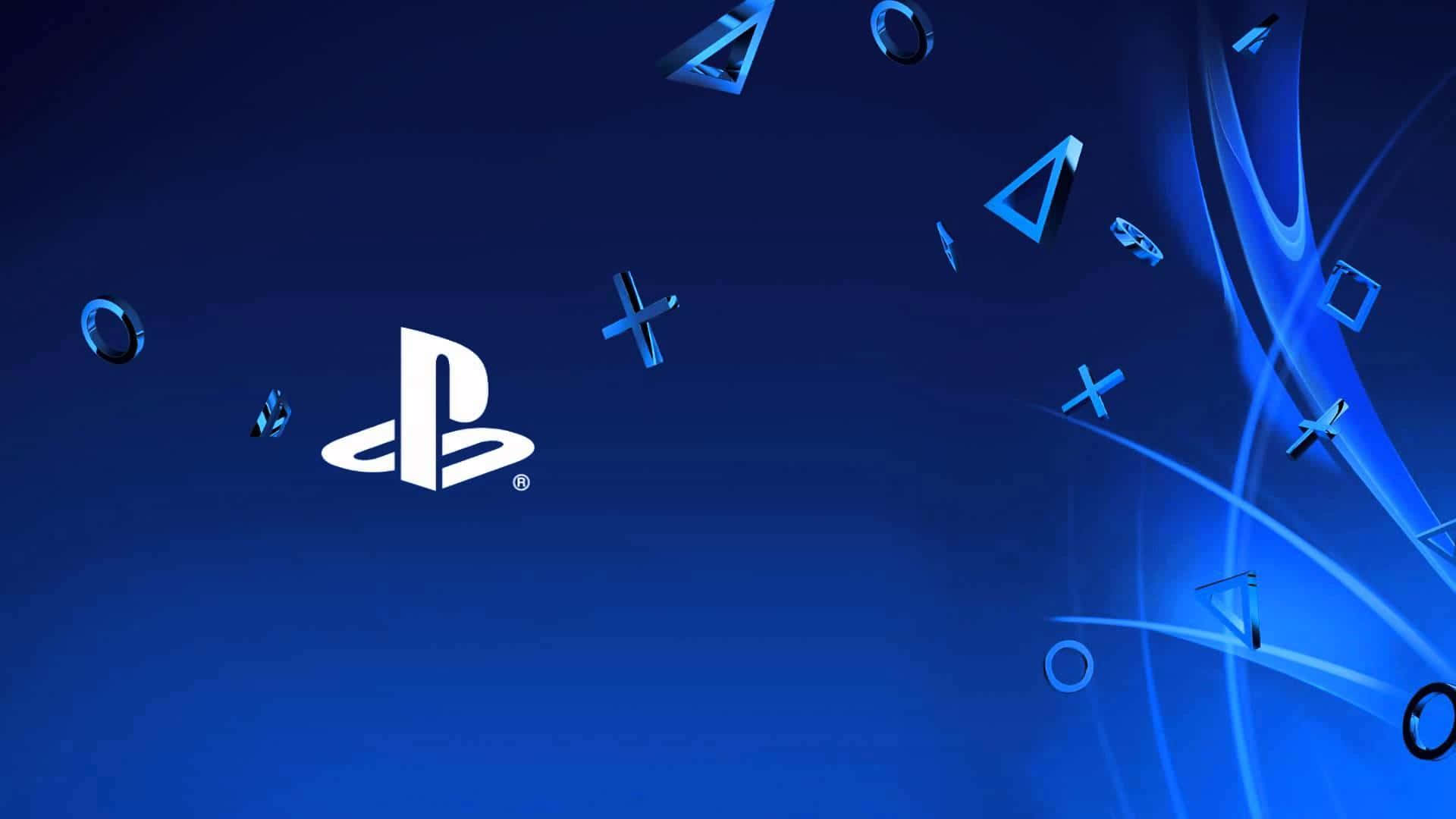 PlayStation 標誌搭配浮動控制器符號，藍色漸變背景。