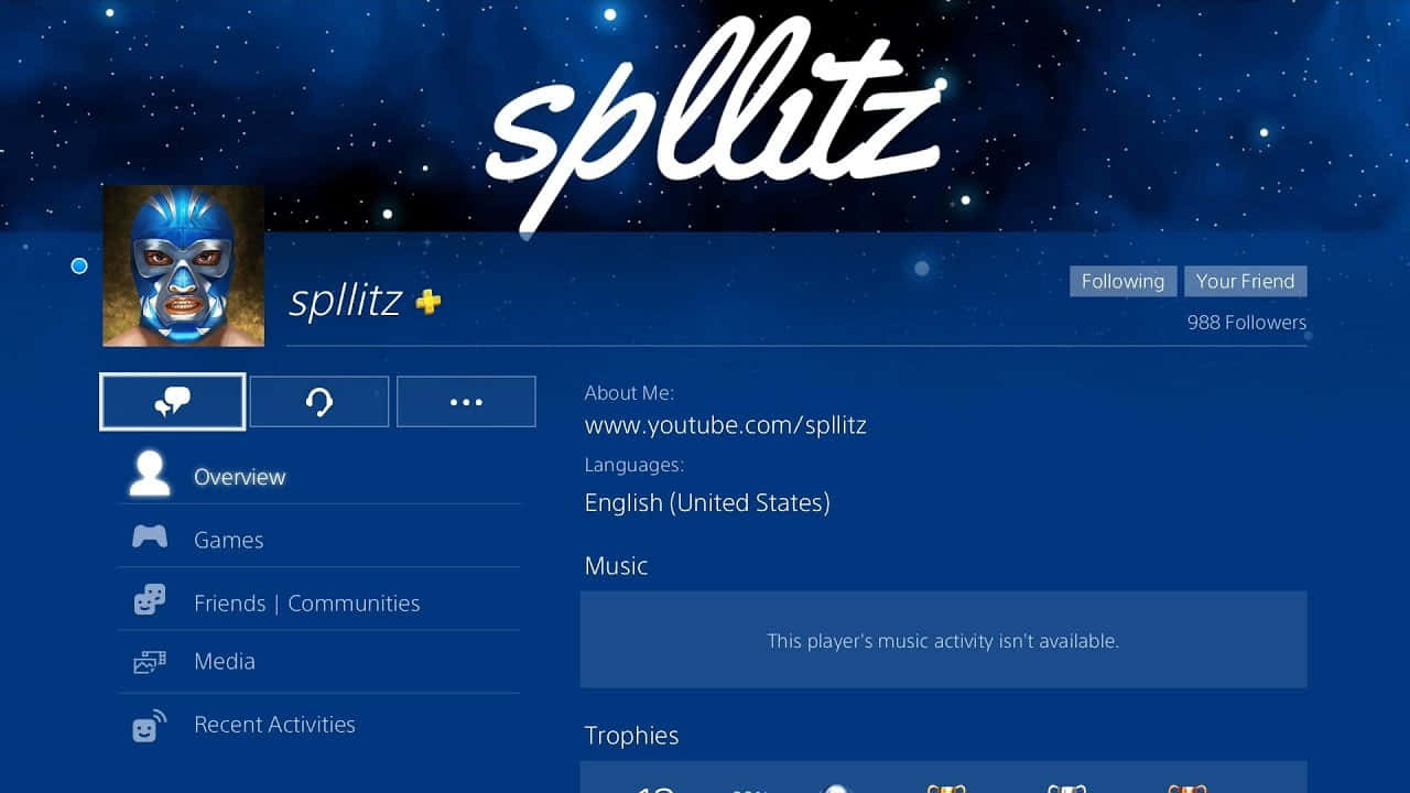 spllitz 的遊戲個人資料頁面，帶有蒙面頭像和星空背景。