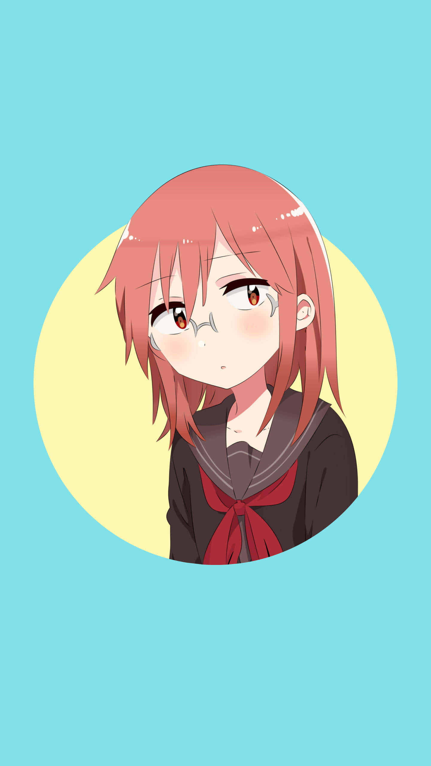 「為你的頭像帶來最棒的動漫頭像！」 壁紙 — 一個可愛的動漫女孩，粉紅色頭髮和紅色蝴蝶結，穿著水手服，背景是淺藍色和一個黃色圓圈。